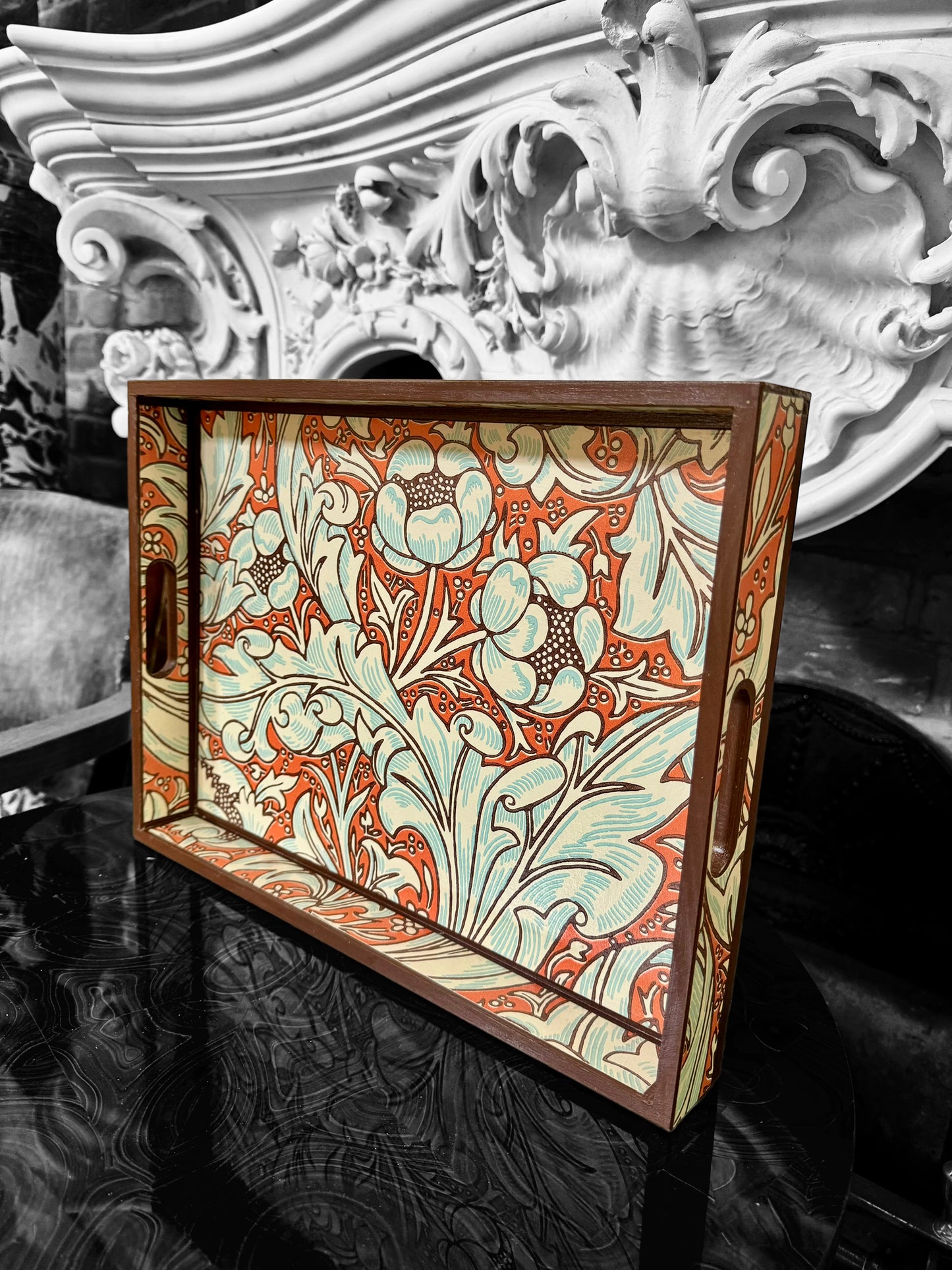 Clerkenwell - Ottoman tray available in 4 x sizes - Decoupage in William Morris Batchelor's Button by Morris & Co in Orange/Sky colourway
