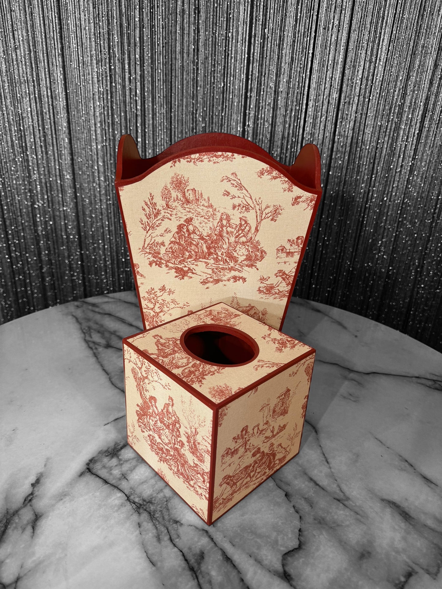 Red Toile de Jouy Waste paper bin, waste paper basket, square tissue box cover matching set. Handmade by Beatrice Bloom London