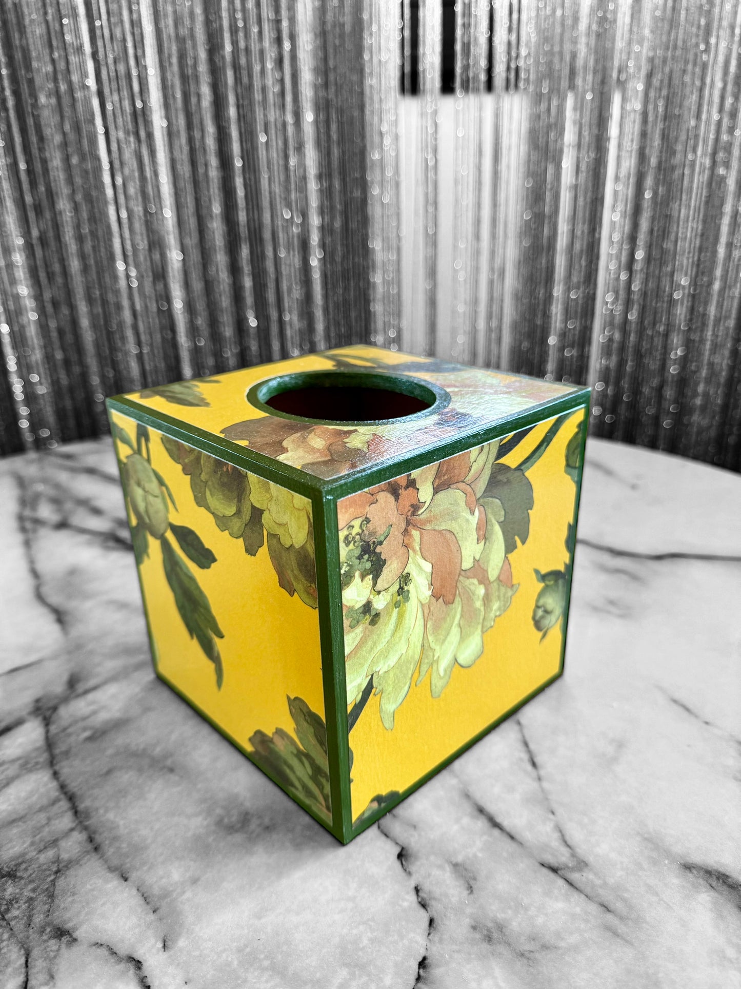 Notting Hill - Matching set - Waste paper bin & square or rectangle tissue box cover - Decoupage in Peoneden by House of Hackney in ochre colourway