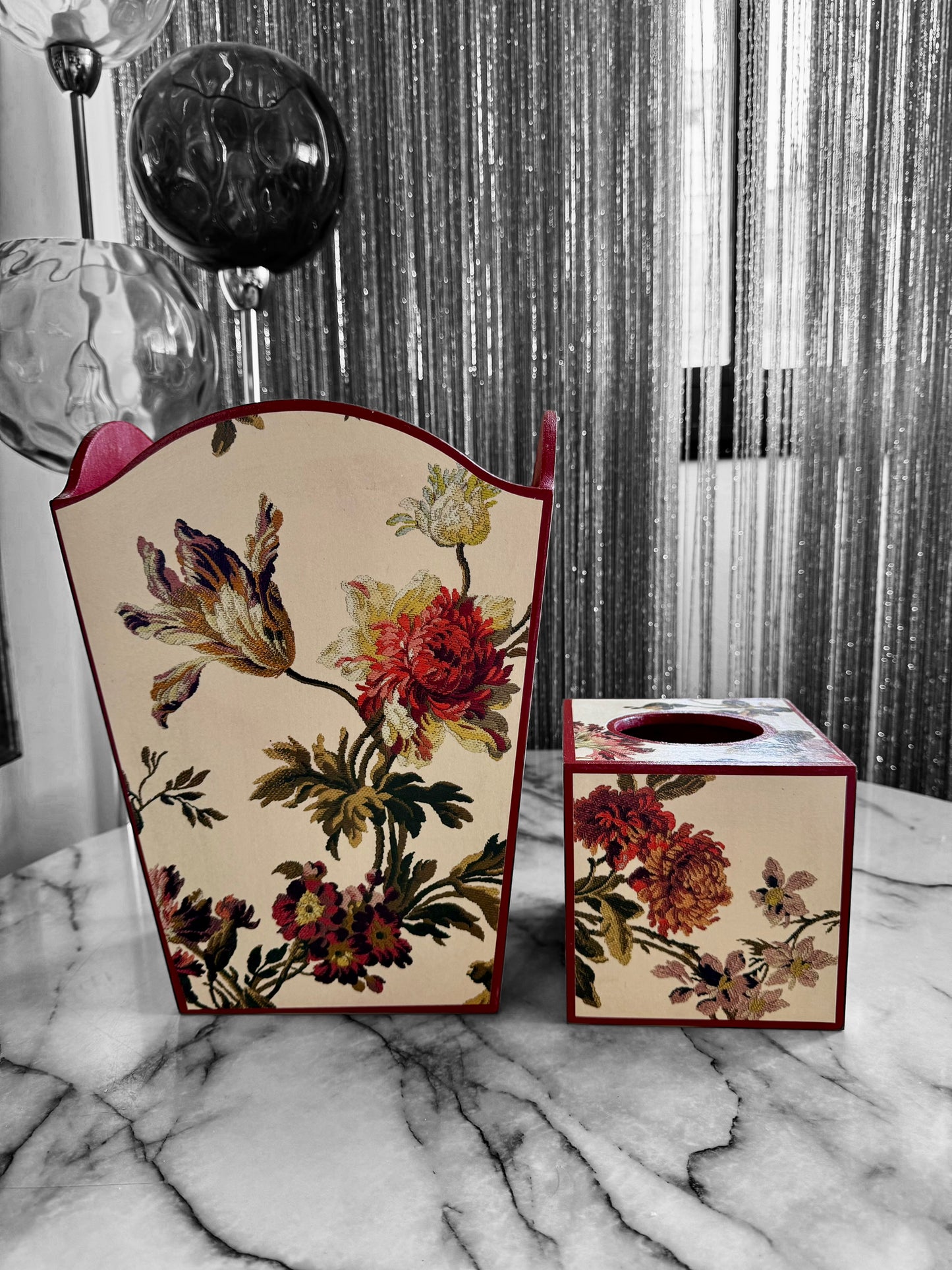 Eaton - Matching set - Waste paper bin and square or rectangle tissue box cover - Decoupage in Rosetta by House of Hackney Waste in ecru colourway