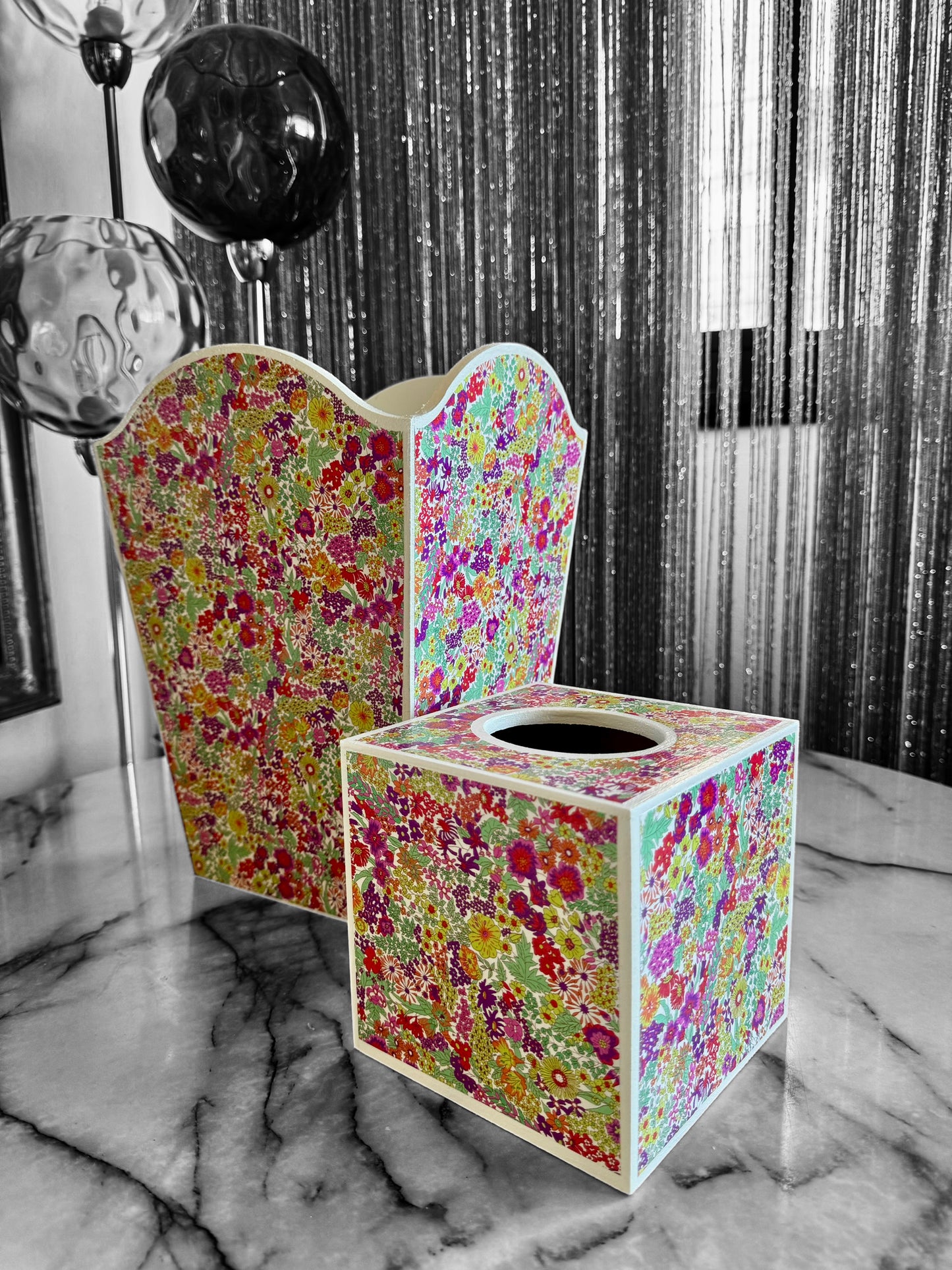 Regents St - Matching set - Waste paper bin & square or rectangle tissue box cover - Decoupage in Tana Lawn by Liberty London in pink colourway.