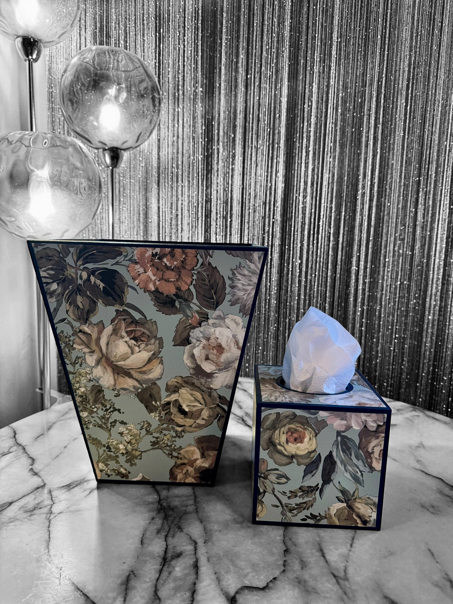 Brighton - Matching set - Waste paper bin & square or rectangle tissue box cover - Decoupage in Designers Guild/Mansur in Eau De Nil colourway