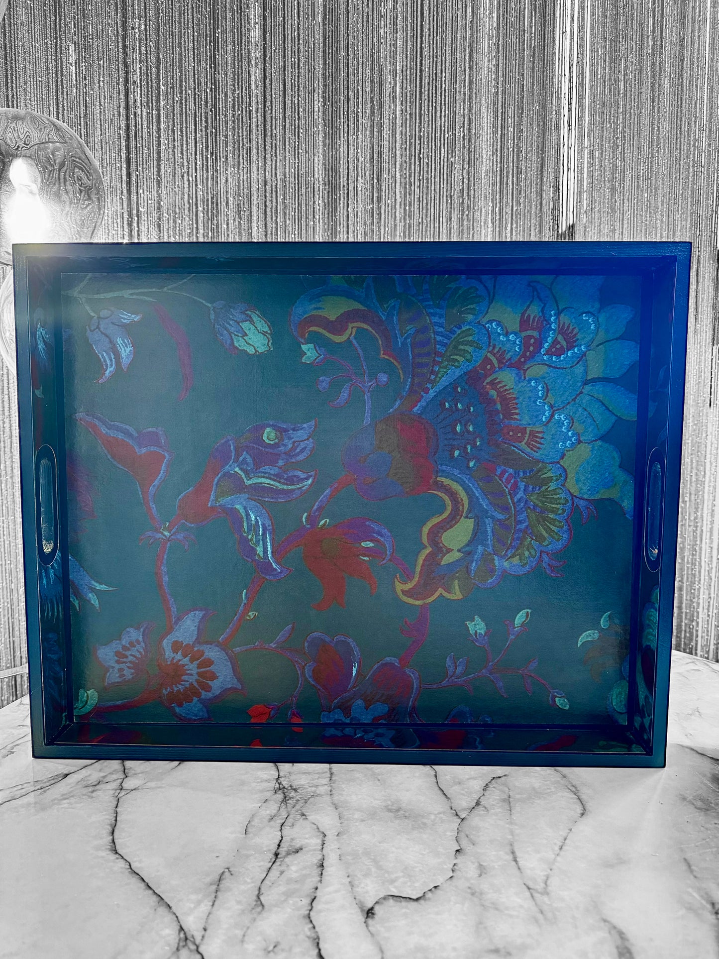 Dover - Ottoman tray available in 4 x sizes - decoupage in Majorelle by House of Hackney in petrol colourway
