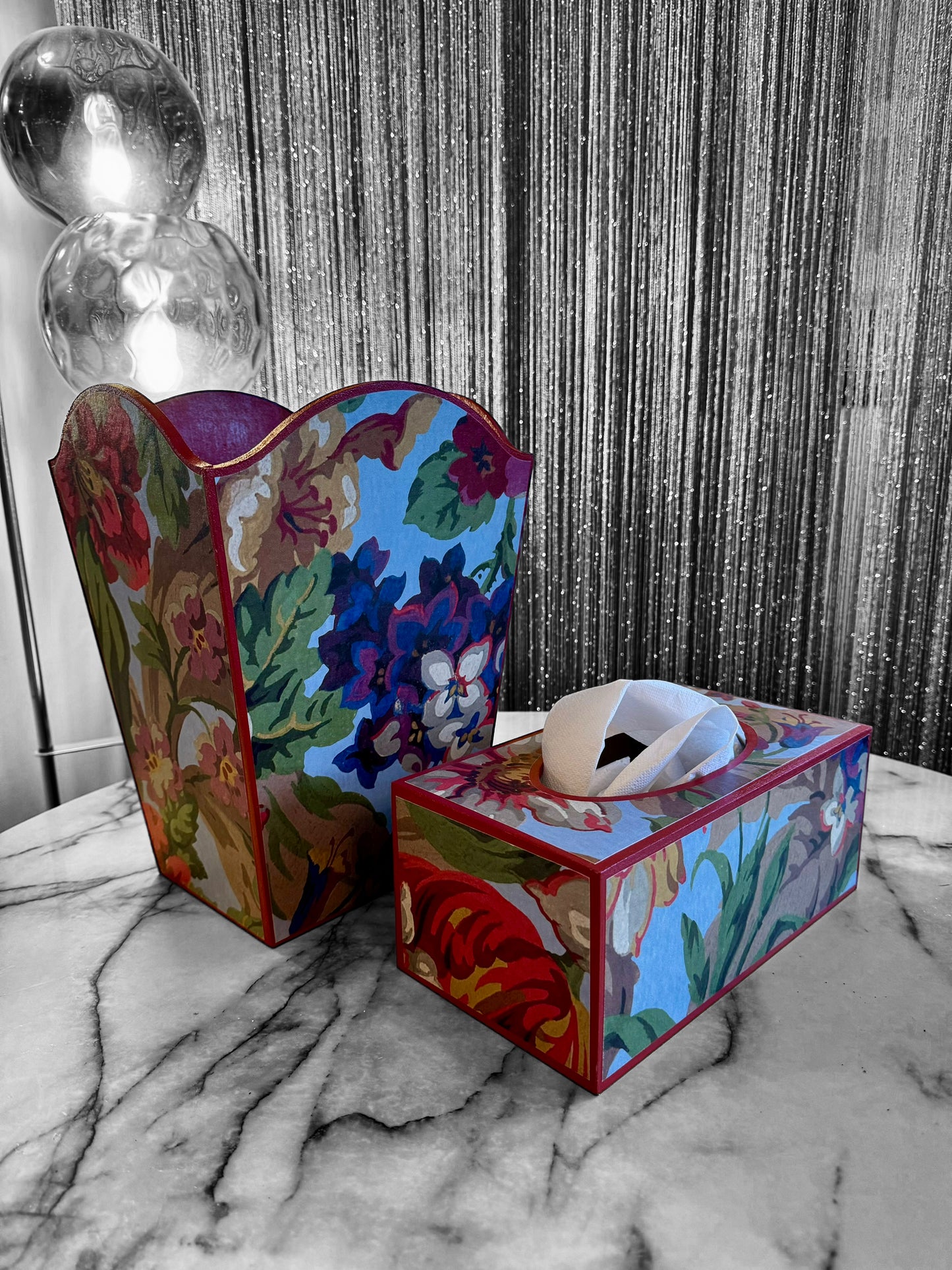 Brighton - Matching set - Waste paper bin and square or round tissue box cover - Decoupage in Florescence by House of Hackney in Azure colourway
