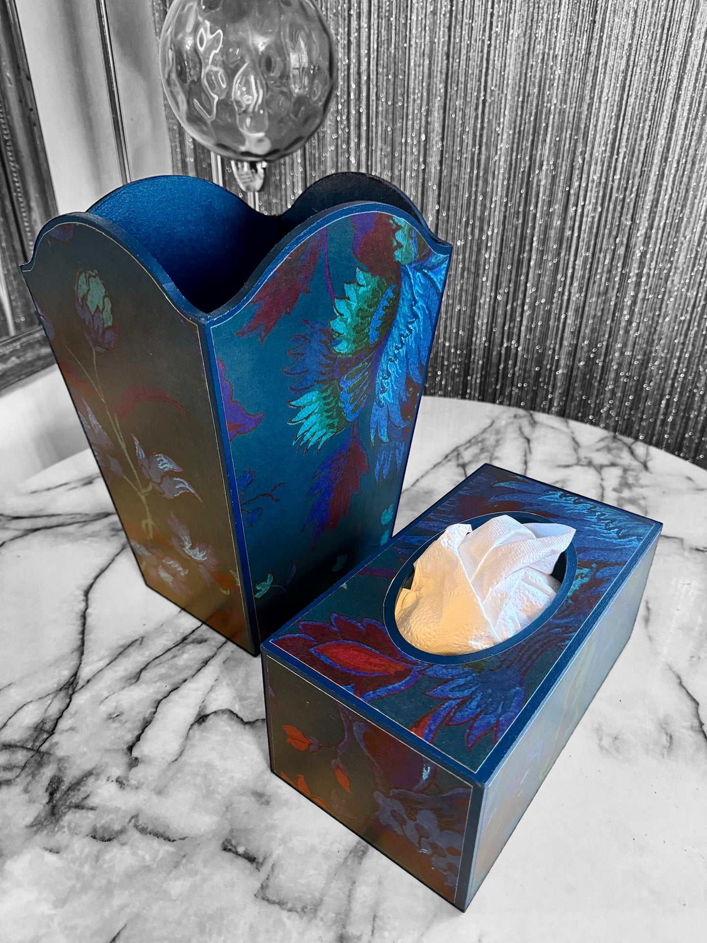 Dover - Matching set option for square or rectangle tissue box cover - Decoupage in Majorelle by House of Hackney in petrol colourway
