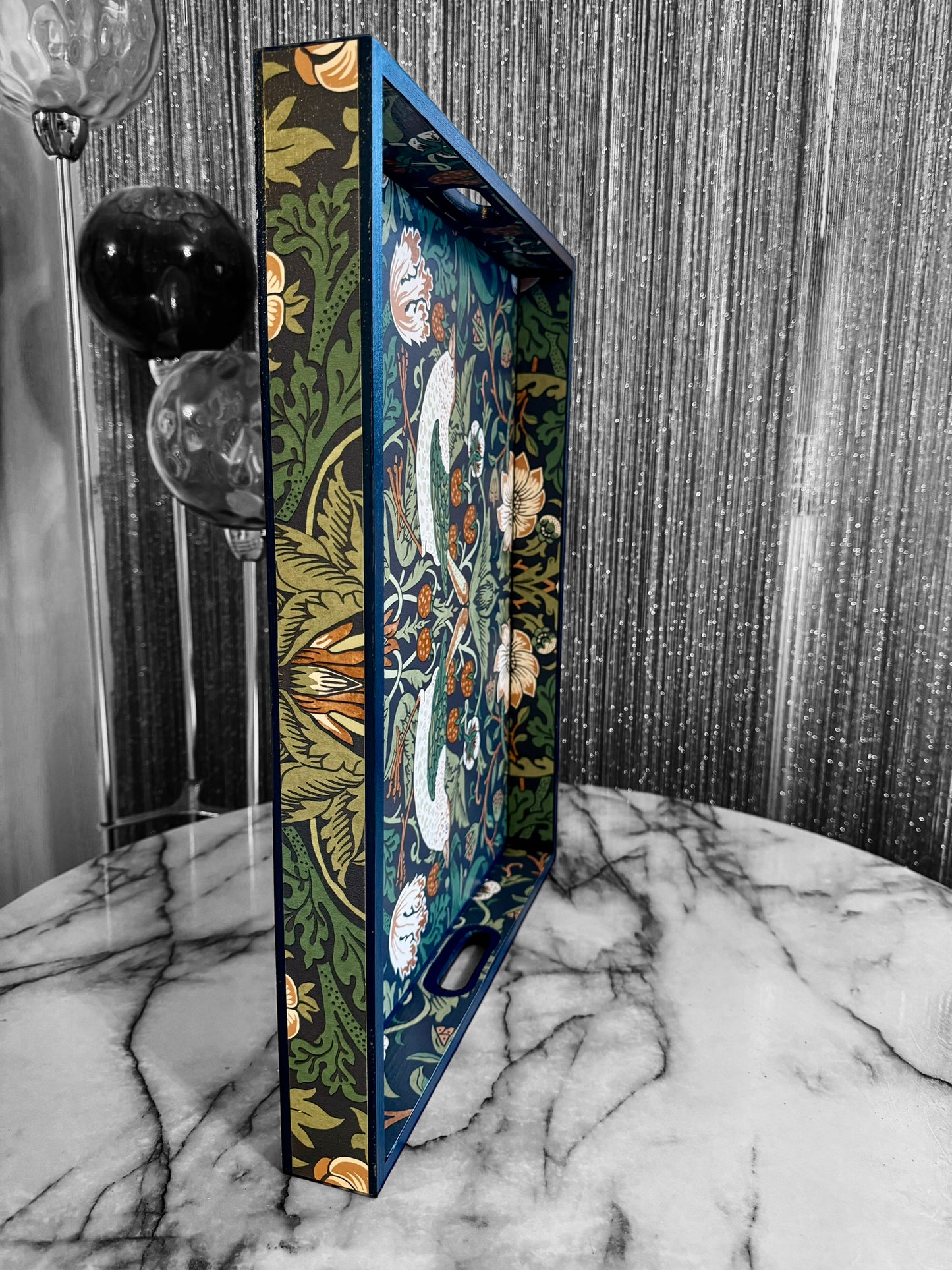 Weybridge - Ottoman tray available in 4 x sizes - Decoupage in William Morris Strawberry Thief in navy colourway