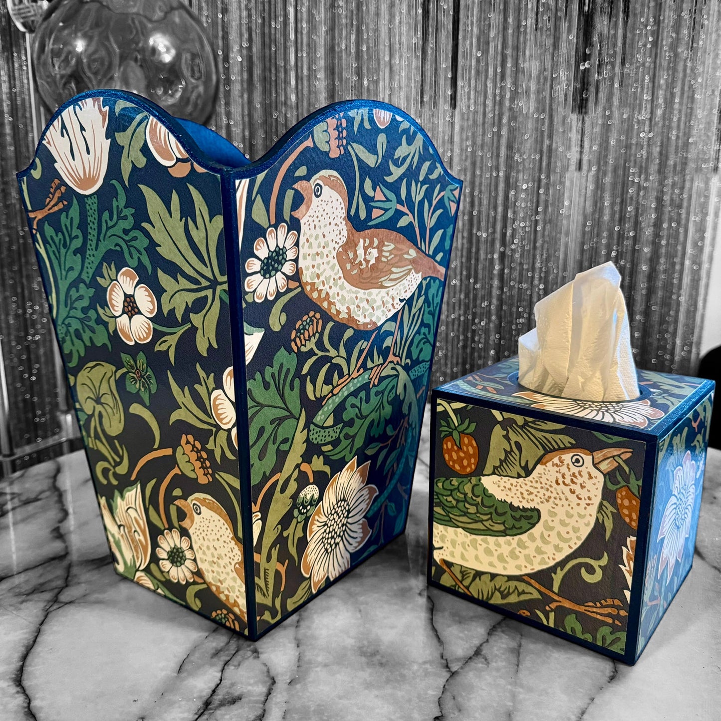 Weybridge - Matching set - option for square or rectangle tissue box cover Decoupage in William Morris Strawberry Thief in navy and green colourway