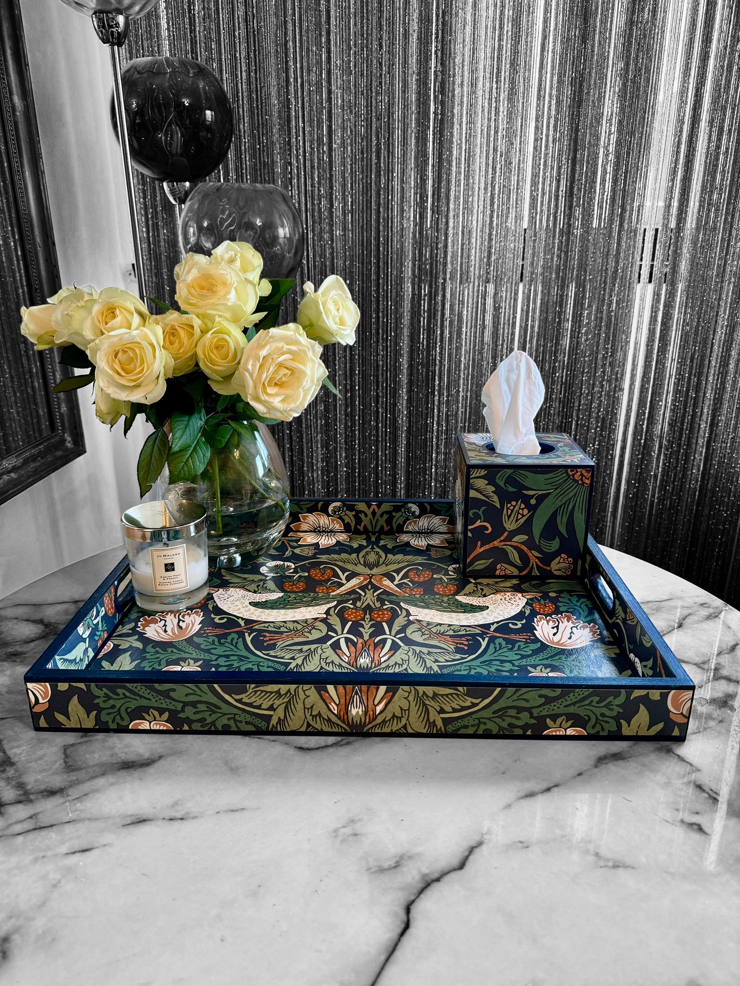 Weybridge - Ottoman tray available in 4 x sizes - Decoupage in William Morris Strawberry Thief in navy colourway