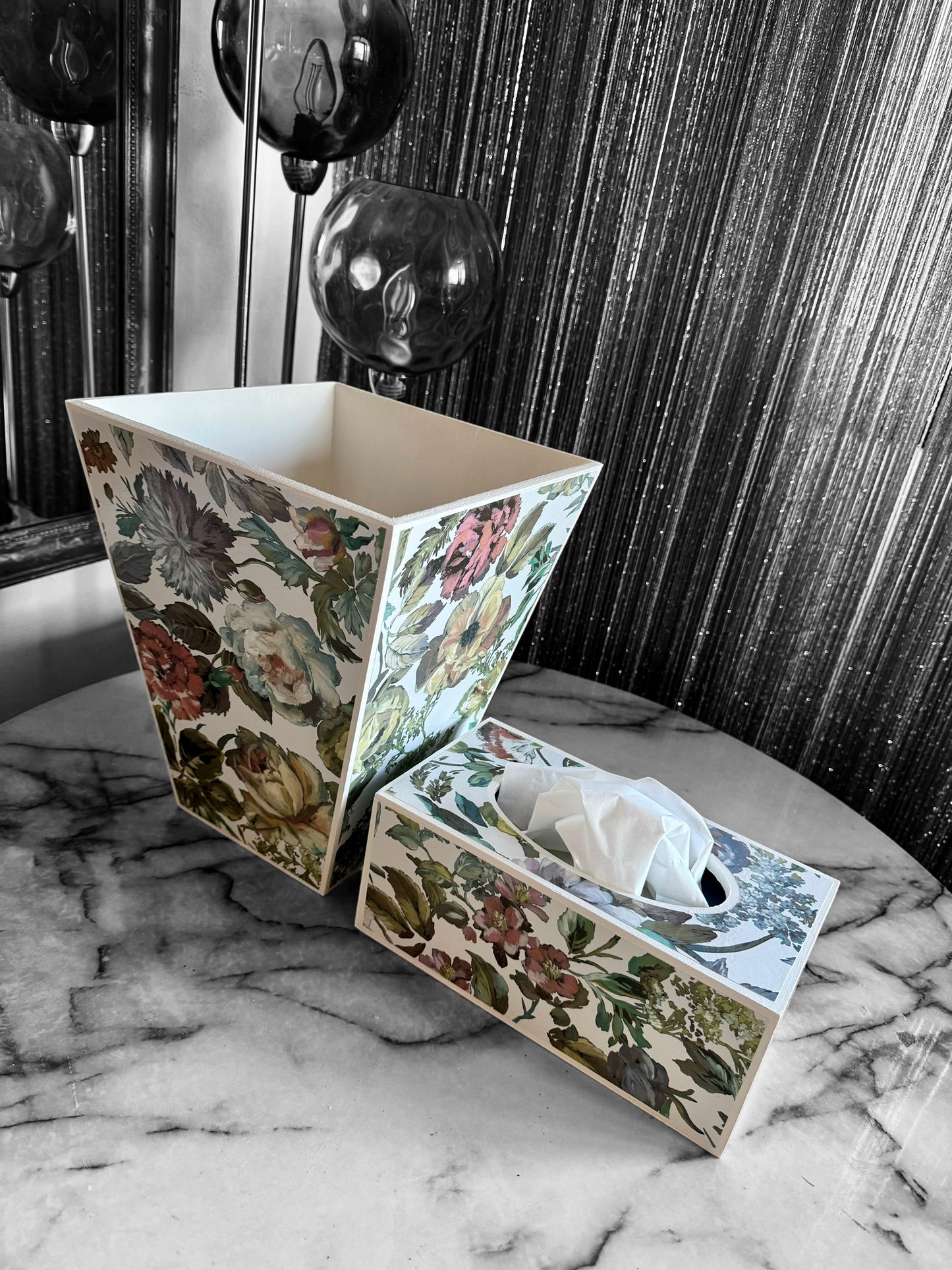 Hove - Matching set - Waste paper bin and square or rectangle tissue box cover - Decoupage in Designers Guild Mansur zinc colour way
