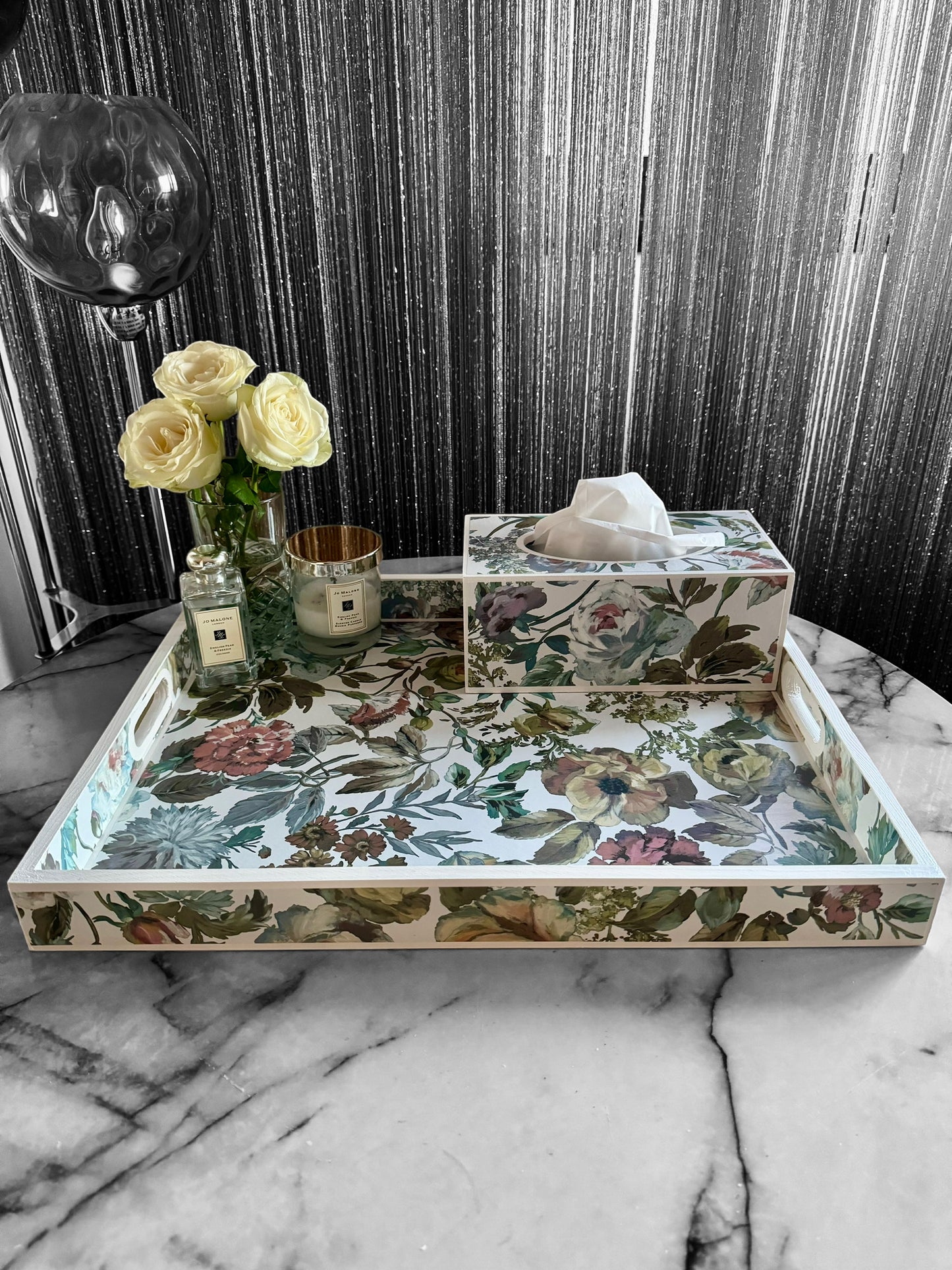 Designers Guild Mansur white floral tray,xl tray,ottoman tray,footstool tray,decoupage tray.Handmade in 5 X SIZES mothers day gift