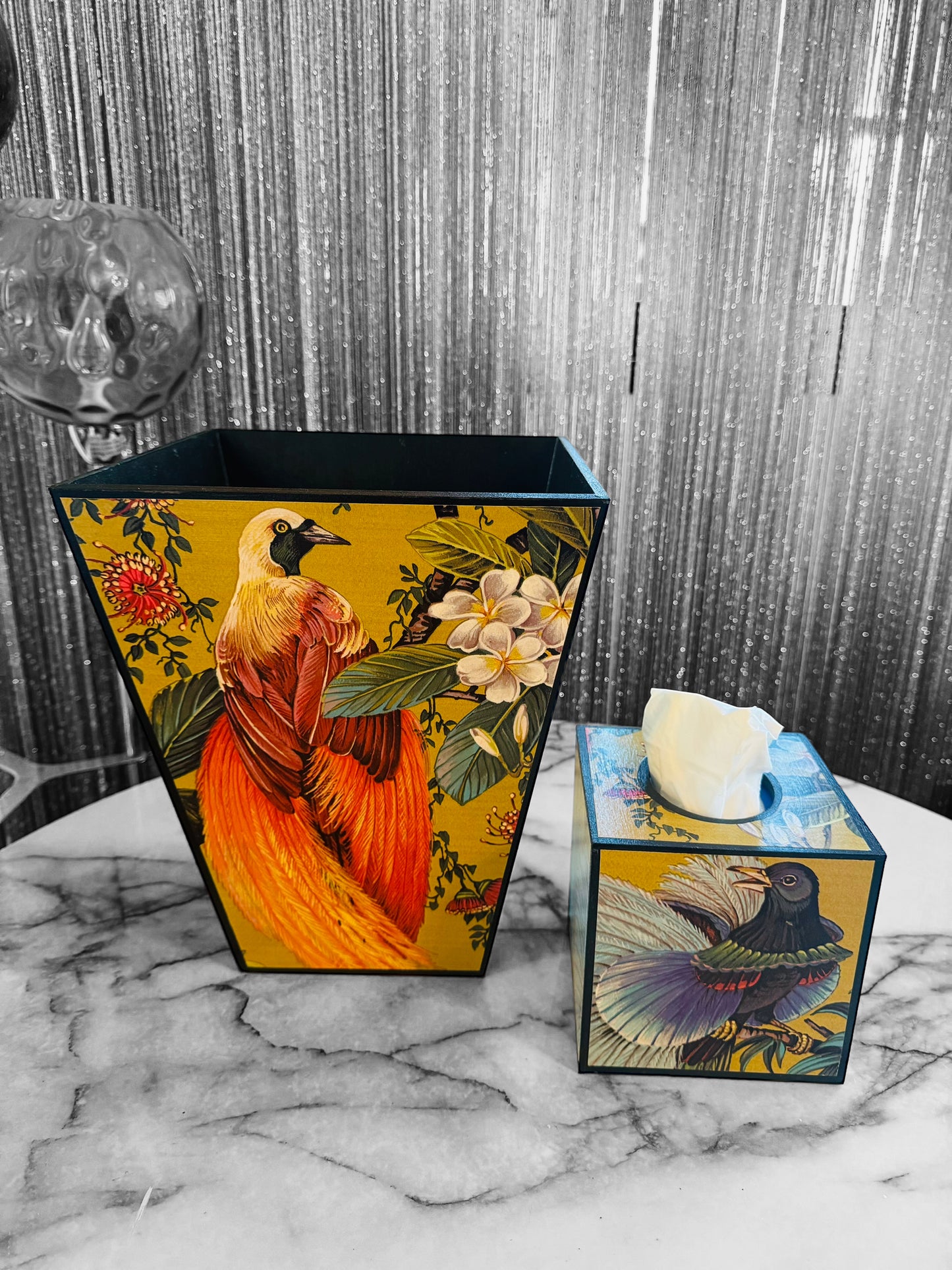 Greenwich - Matching set - Waste paper bin and square or rectangle tissue box cover - Decoupage in Songbird oriental in gold colourway