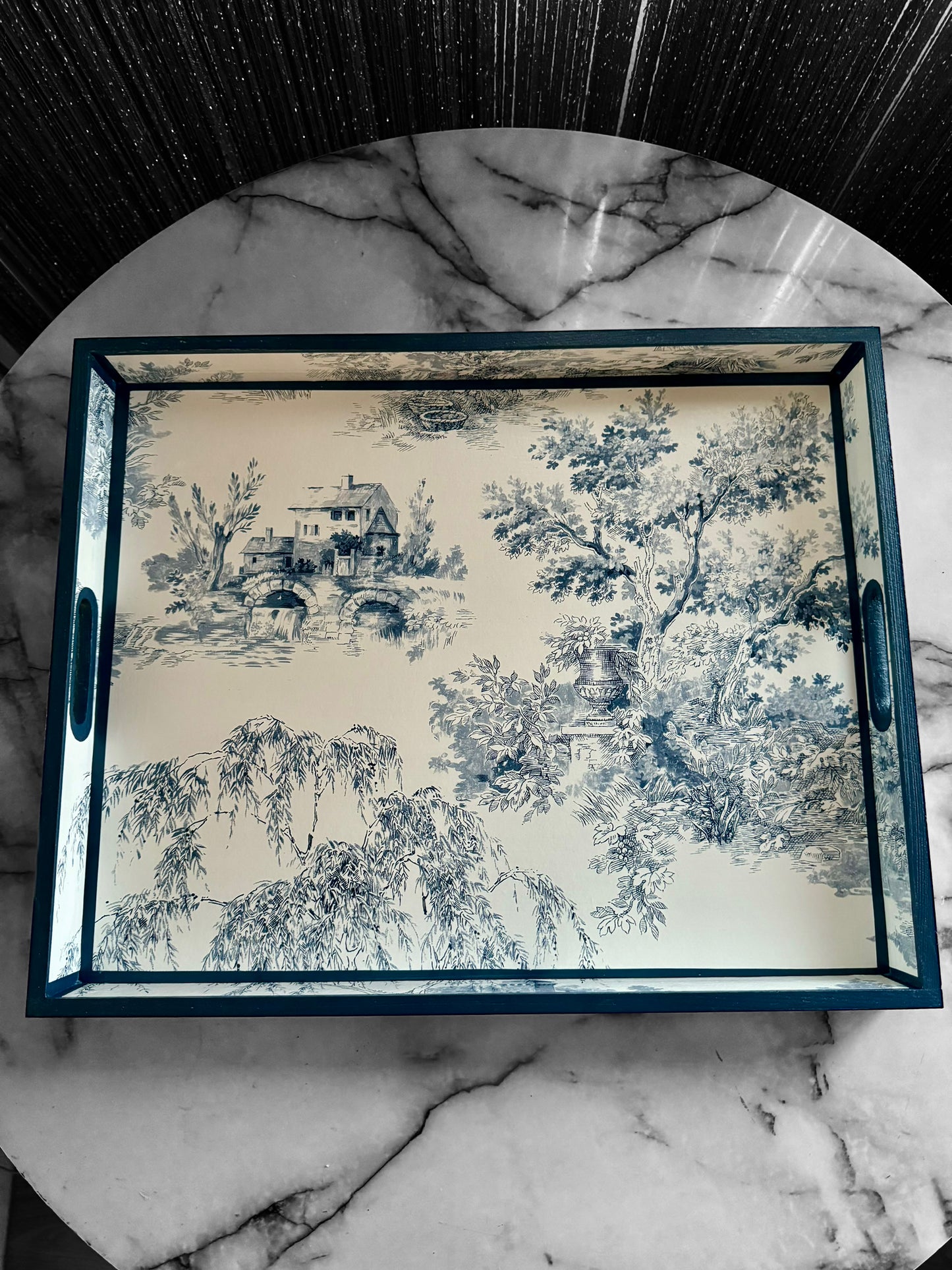 Paris - Ottoman tray available in 4 x sizes - Decoupage in Navy Toile de Jouy in navy colourway