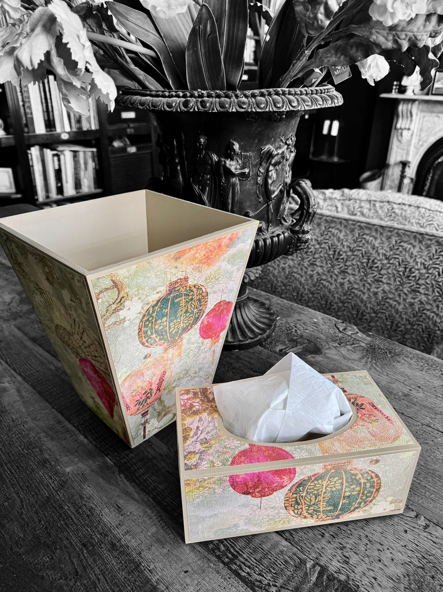 Tokyo - Waste paper bin and matching tissue box cover - Decoupage in intricate Japanese garden inspired textured paper