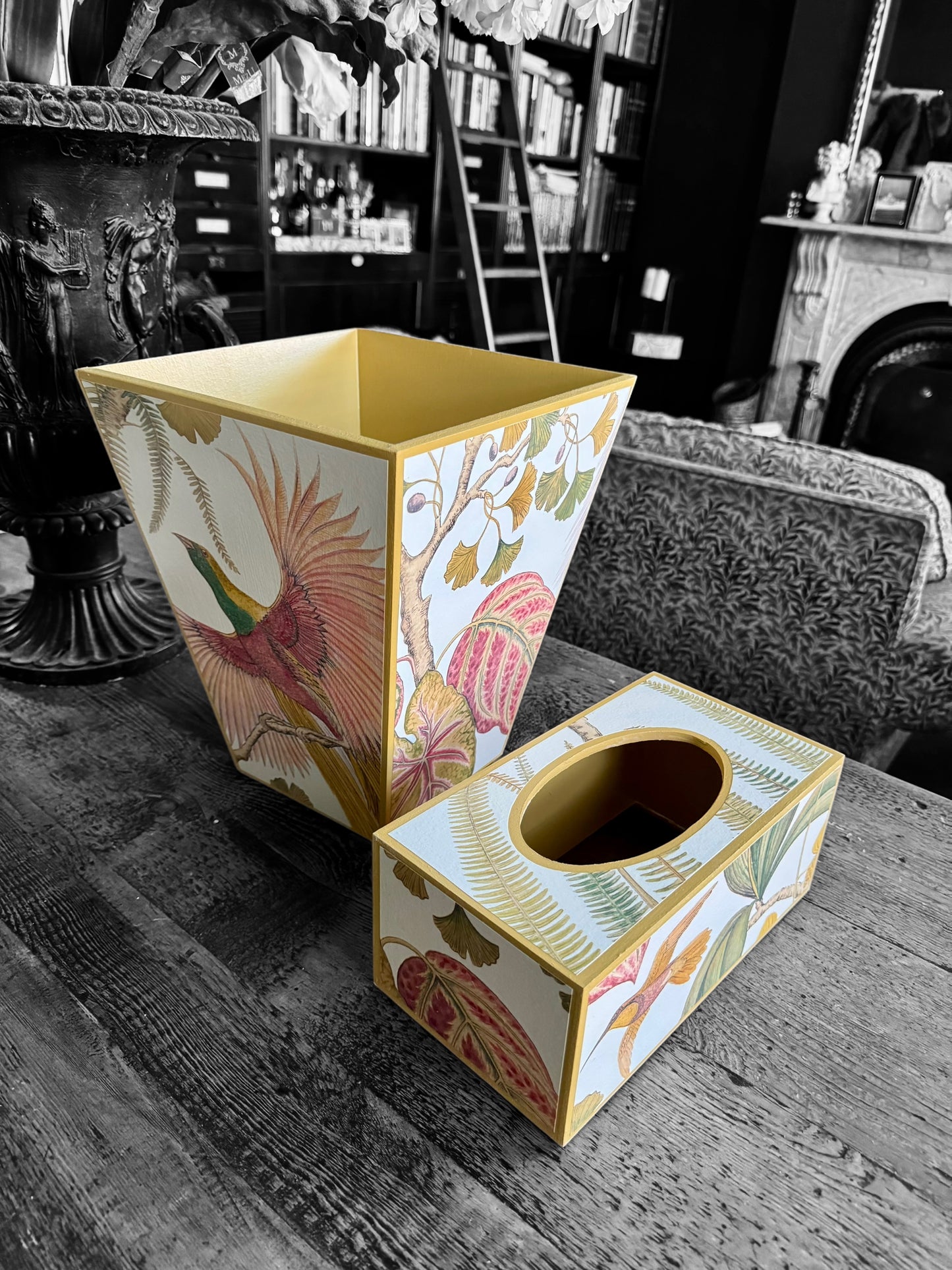 Kew *Spring 25 edition* Waste paper bin & matching tissue box cover - Decoupage in Bird of Paradise by Sanderson in Olive colourway