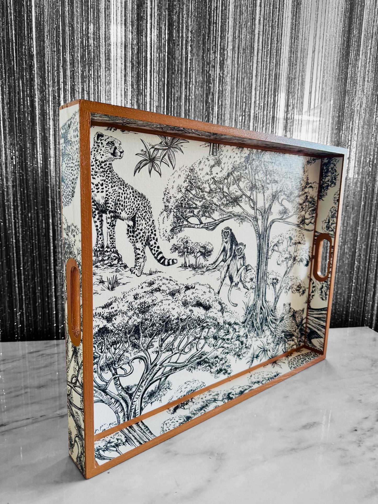 Cape Town - Ottoman tray available in 4 x sizes - Decoupage in Clarke & Clarke Kisumu in black/white colour way