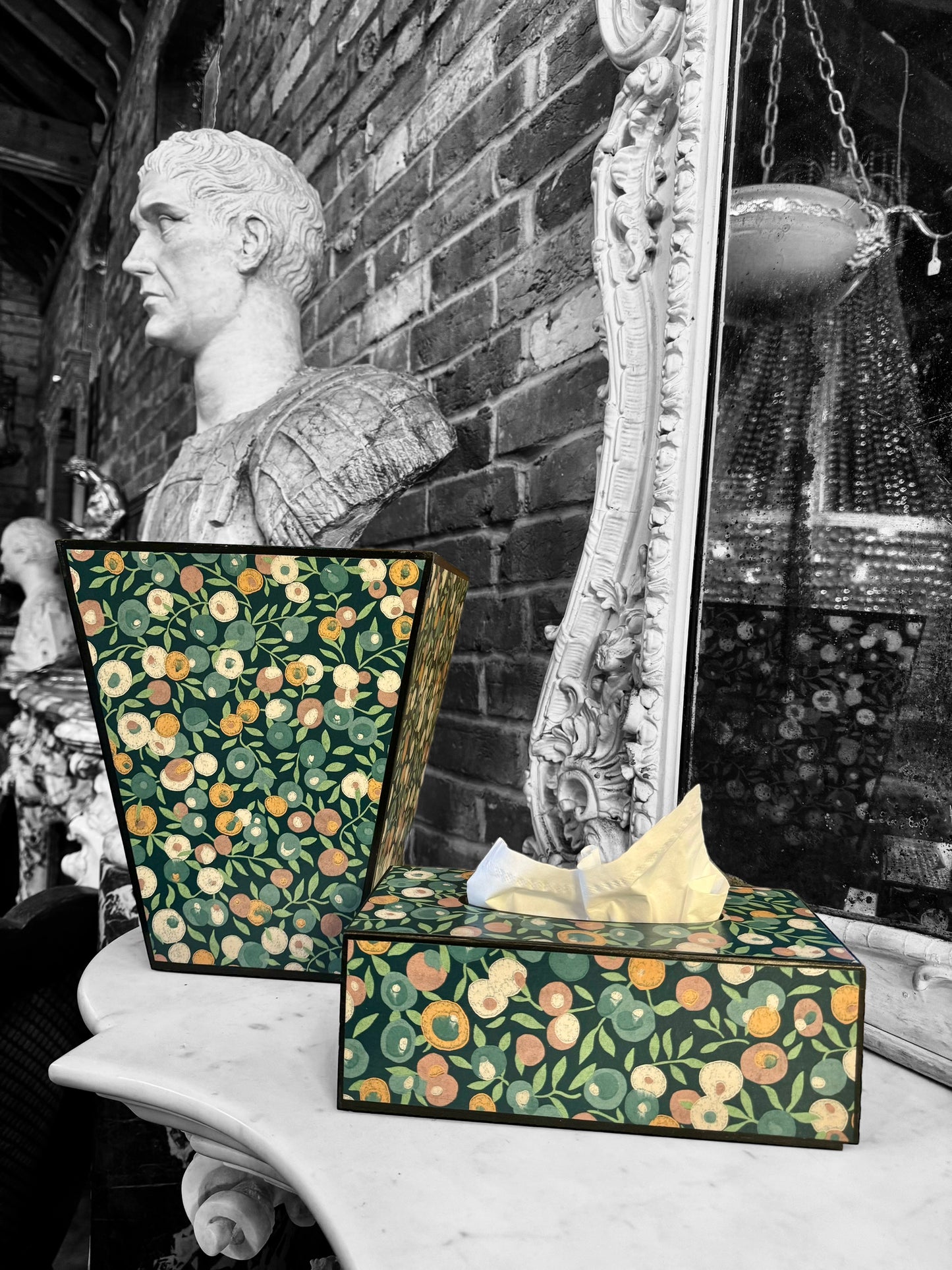 CARNABY - Waste paper bin - Decoupage in Liberty London/Wiltshire in Lechen colourway.