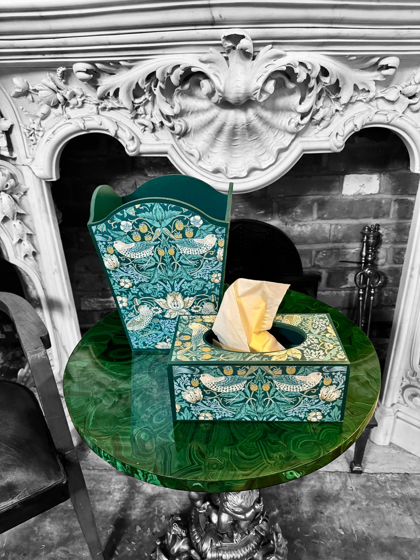 Kelmscott - Matching set - Waste paper bin and square or tissue box cover - Decoupage in William Morris Strawberry Thief by Clarke & Clarke in Teal colourway