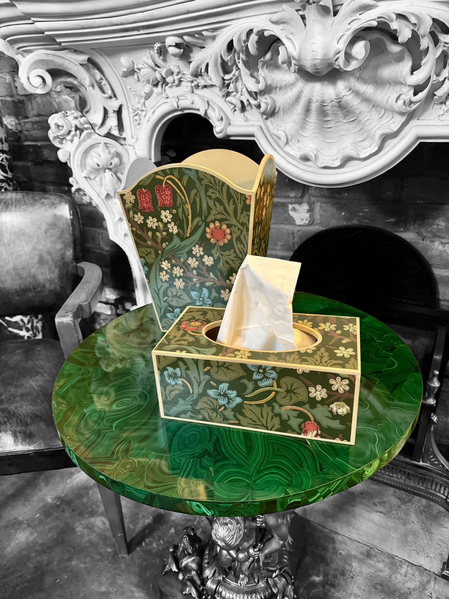 Marylebone - Matching set - Waste paper bin & square or rectangle tissue box cover - Decoupage in William Morris Blackthorn By Morris & Co in archive colourway