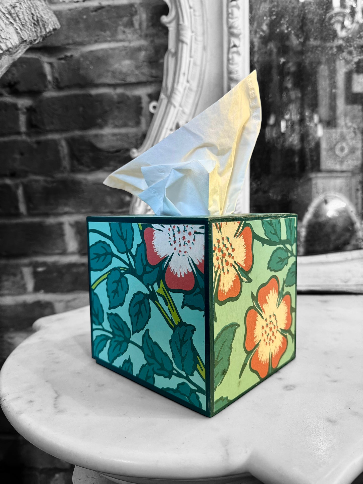 Featured in BRITISH VOGUE Norfolk waste paper bin & square tissue box cover aqua, teal,green,pink. Handmade by Beatrice Bloom London