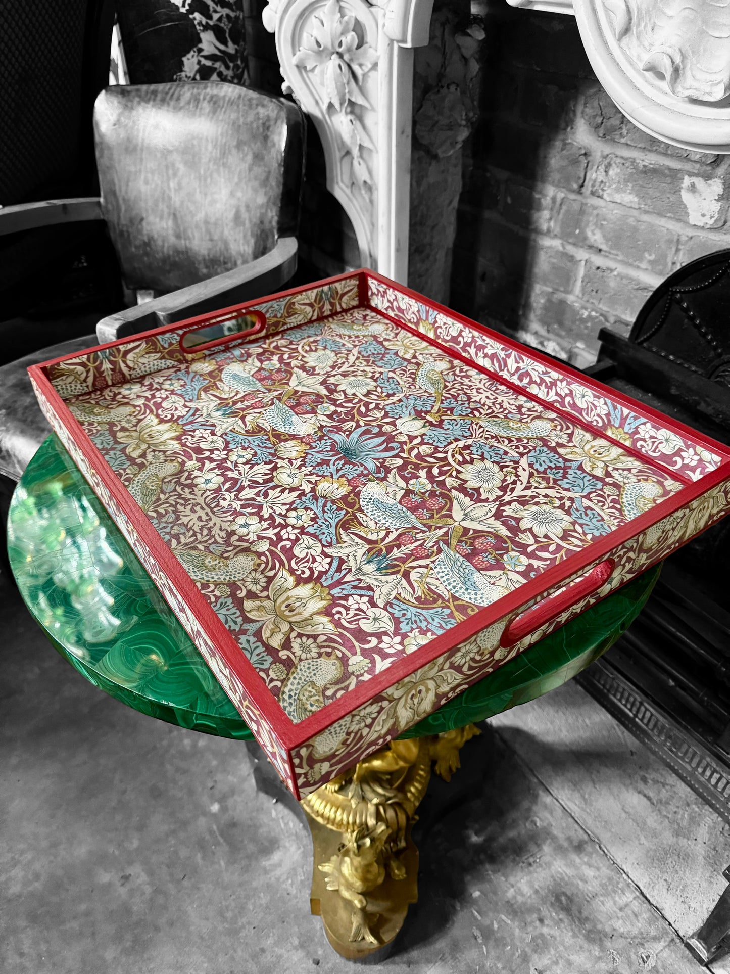 Kelmscott 'The red edit' - Ottoman tray available in 4 x sizes - Decoupage in William Morris Strawberry Thief by Clarke & Clarke in plum colourway