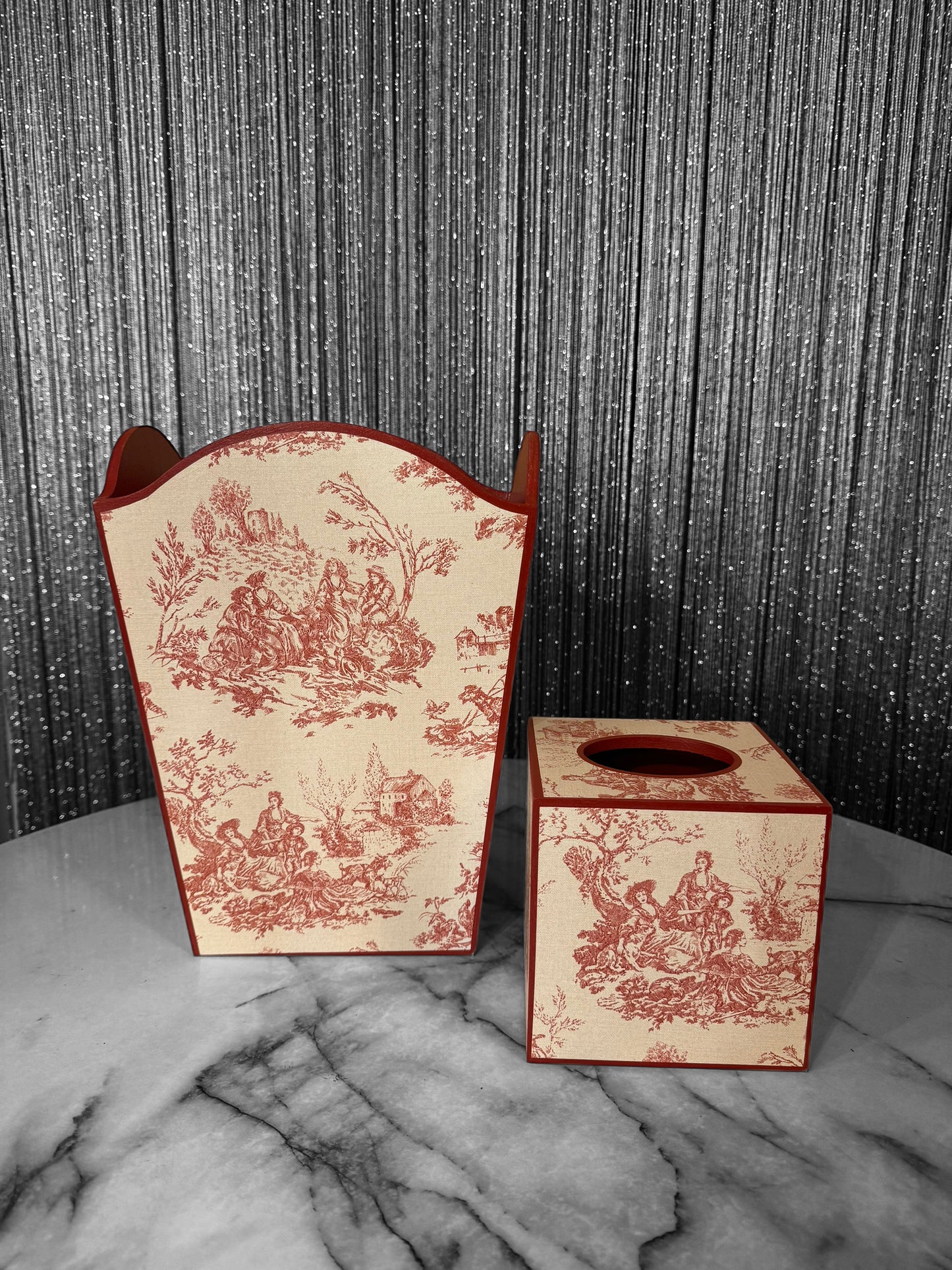 Red Toile de Jouy Waste paper bin, waste paper basket, square tissue box cover matching set. Handmade by Beatrice Bloom London