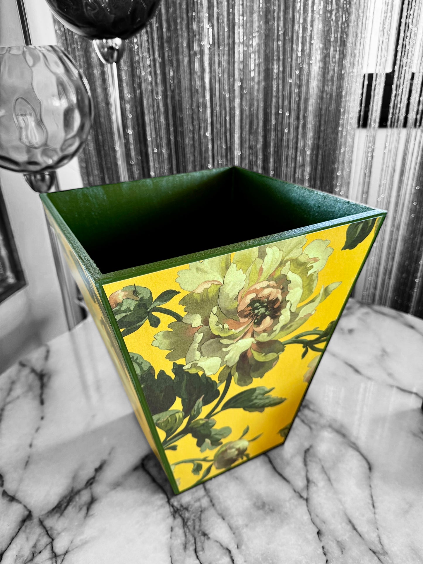 Notting Hill - Matching set - Waste paper bin & square or rectangle tissue box cover - Decoupage in Peoneden by House of Hackney in ochre colourway