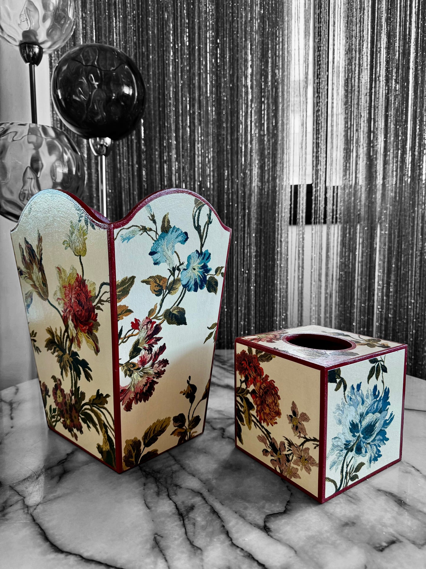 Eaton - Matching set - Waste paper bin and square or rectangle tissue box cover - Decoupage in Rosetta by House of Hackney Waste in ecru colourway