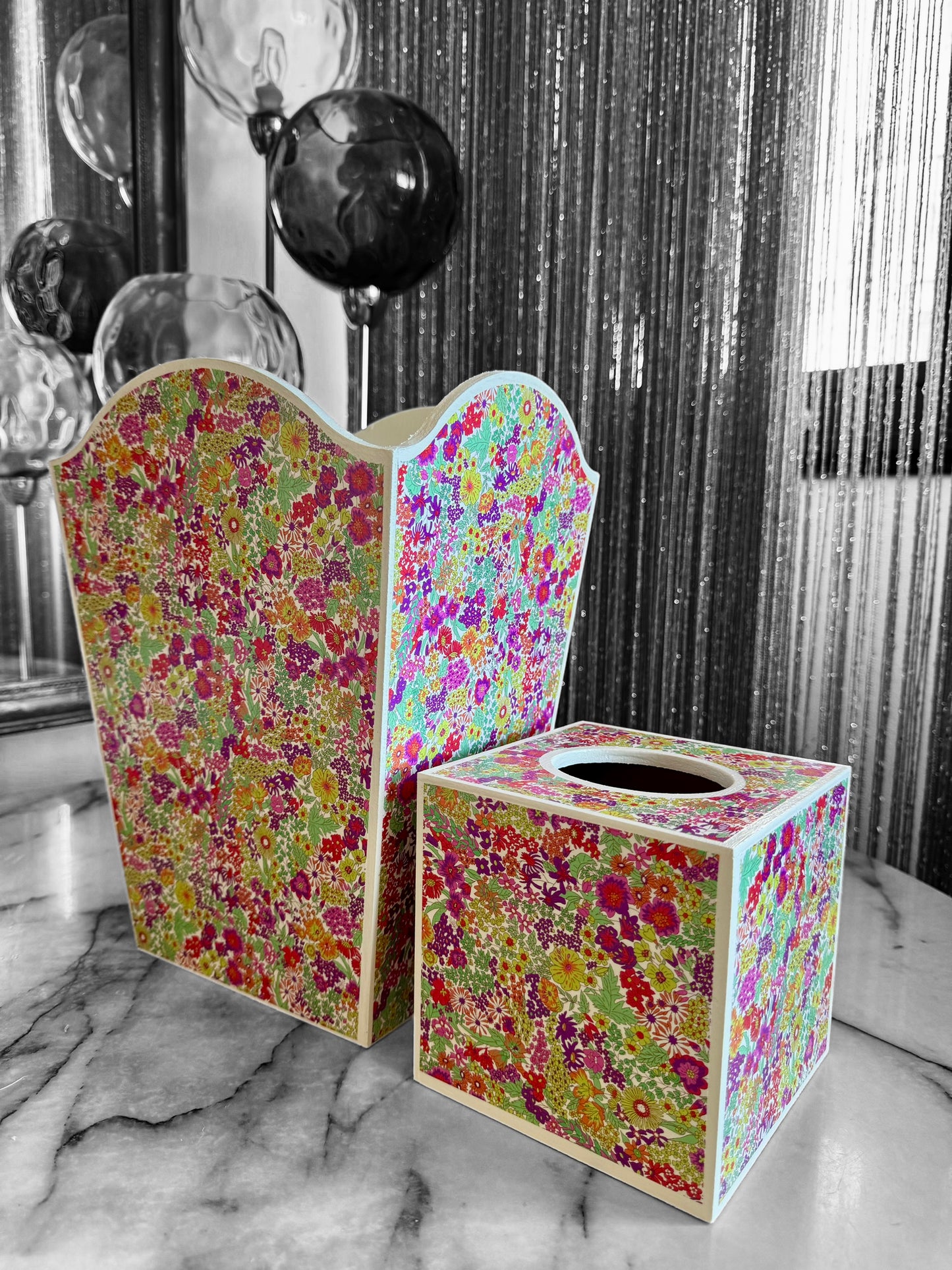 Regents St - Matching set - Waste paper bin & square or rectangle tissue box cover - Decoupage in Tana Lawn by Liberty London in pink colourway.
