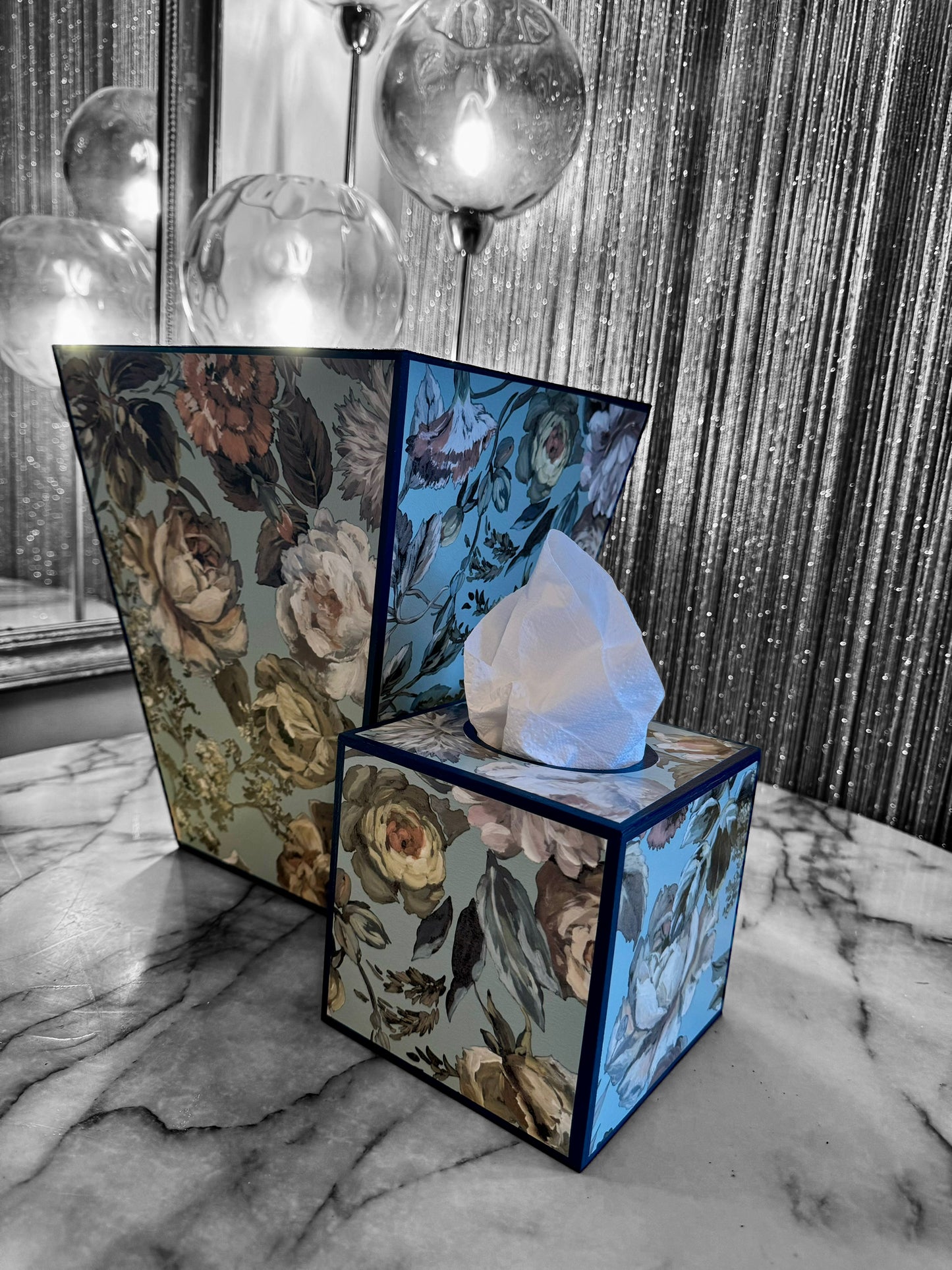 Brighton - Matching set - Waste paper bin & square or rectangle tissue box cover - Decoupage in Designers Guild/Mansur in Eau De Nil colourway