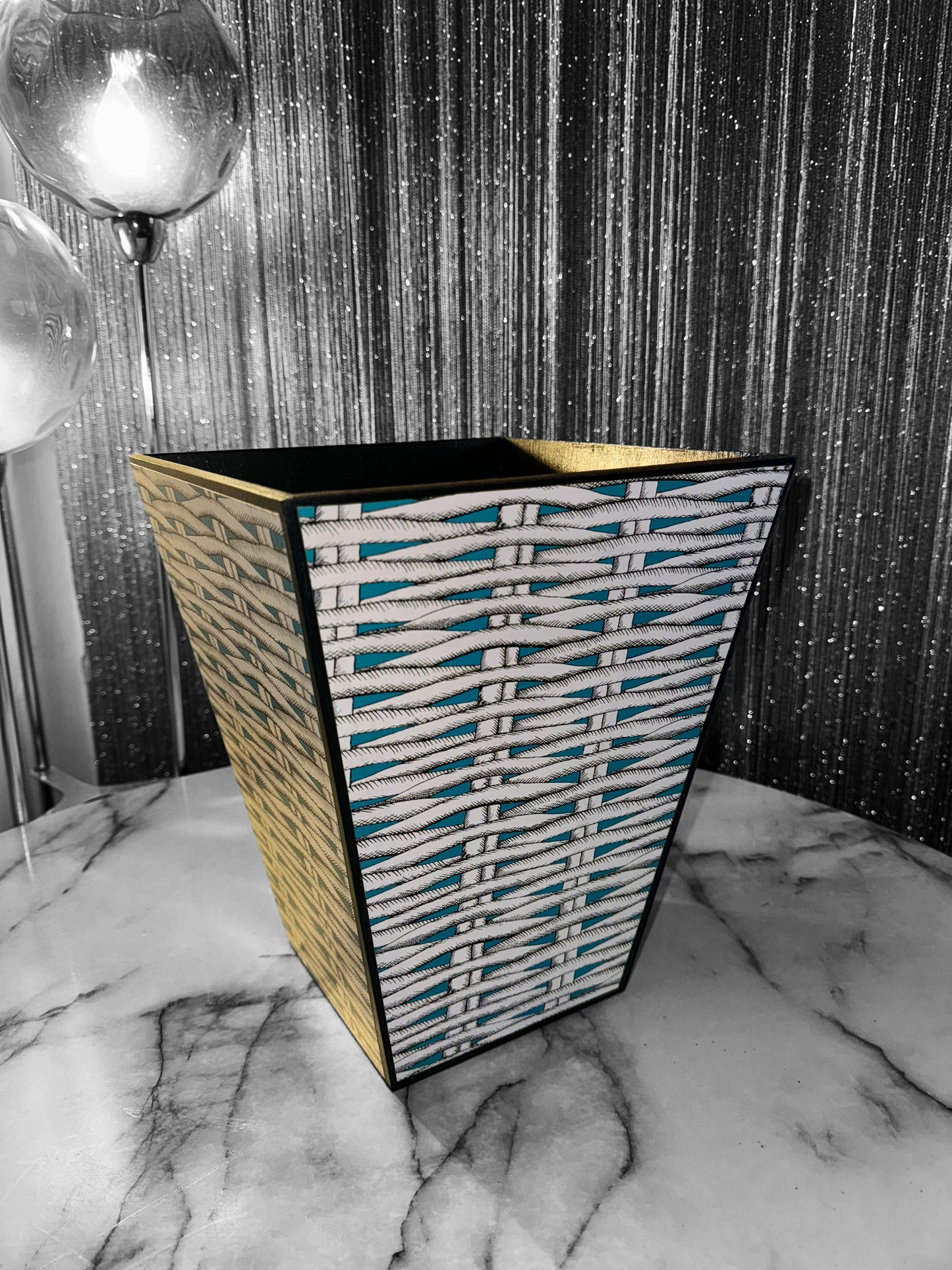 Christian Lacroix X Designers Guild Barbade Aqua waste paper bin & tissue box holder set,handmade by Beatrice Bloom London
