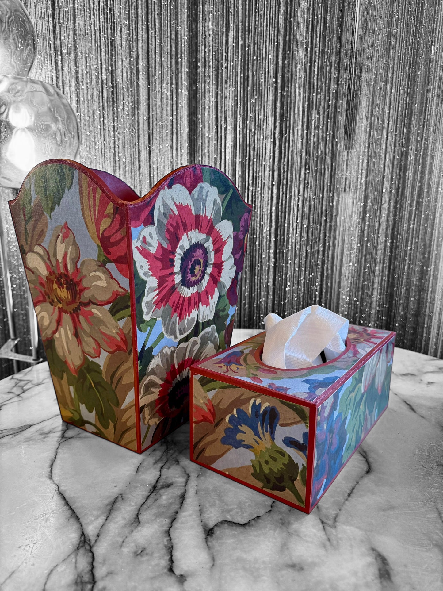 Brighton - Matching set - Waste paper bin and square or round tissue box cover - Decoupage in Florescence by House of Hackney in Azure colourway