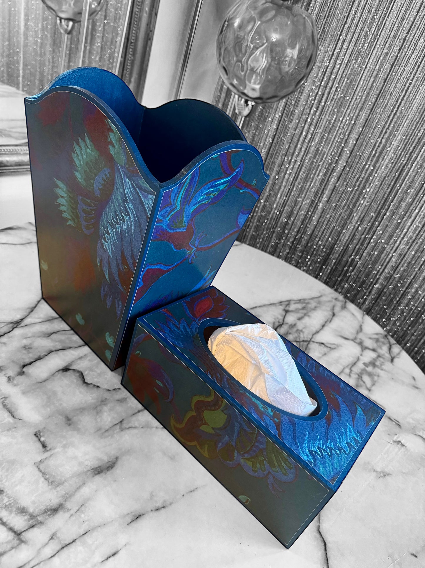 Dover - Matching set option for square or rectangle tissue box cover - Decoupage in Majorelle by House of Hackney in petrol colourway