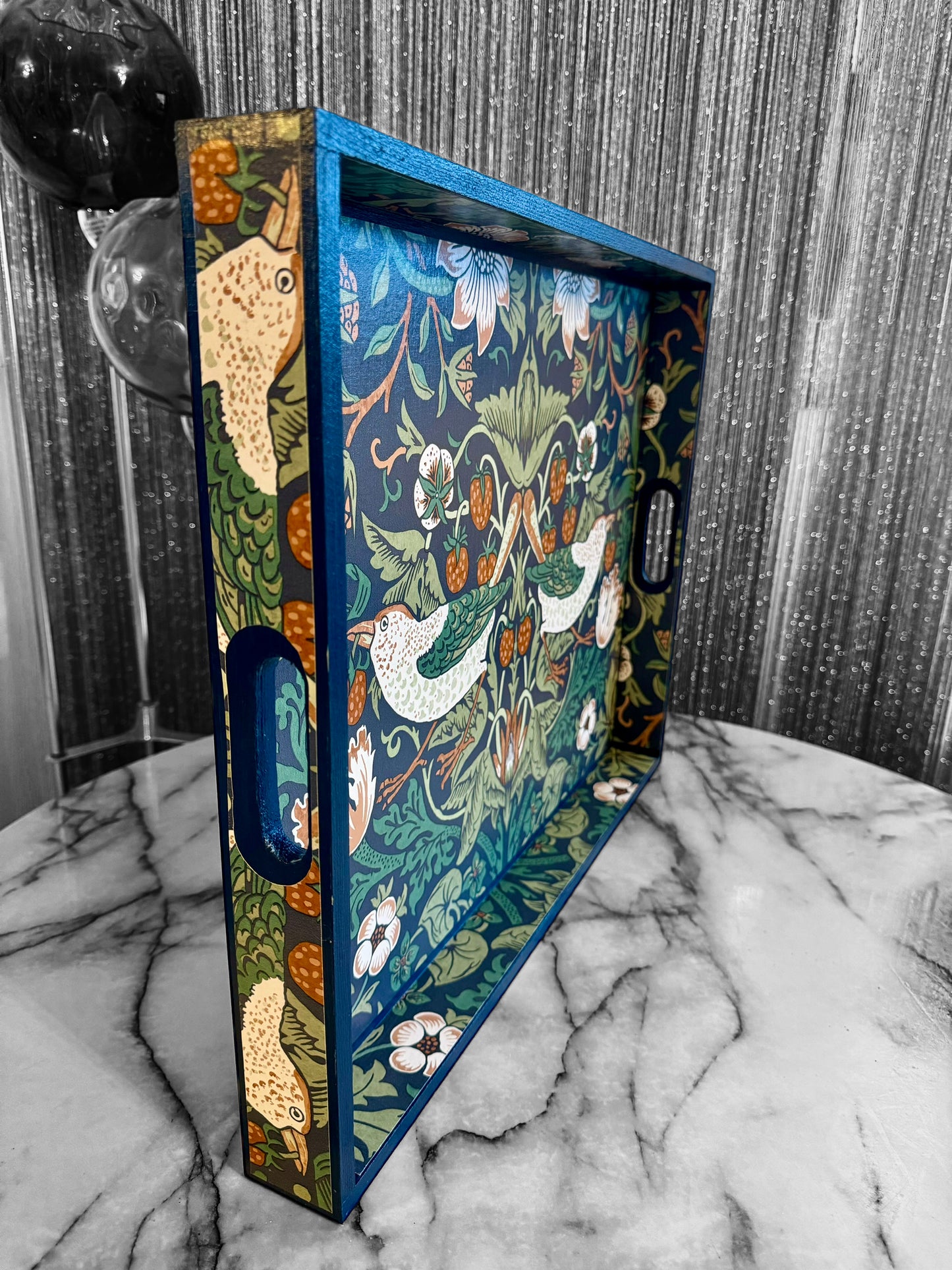 Weybridge - Ottoman tray available in 4 x sizes - Decoupage in William Morris Strawberry Thief in navy colourway