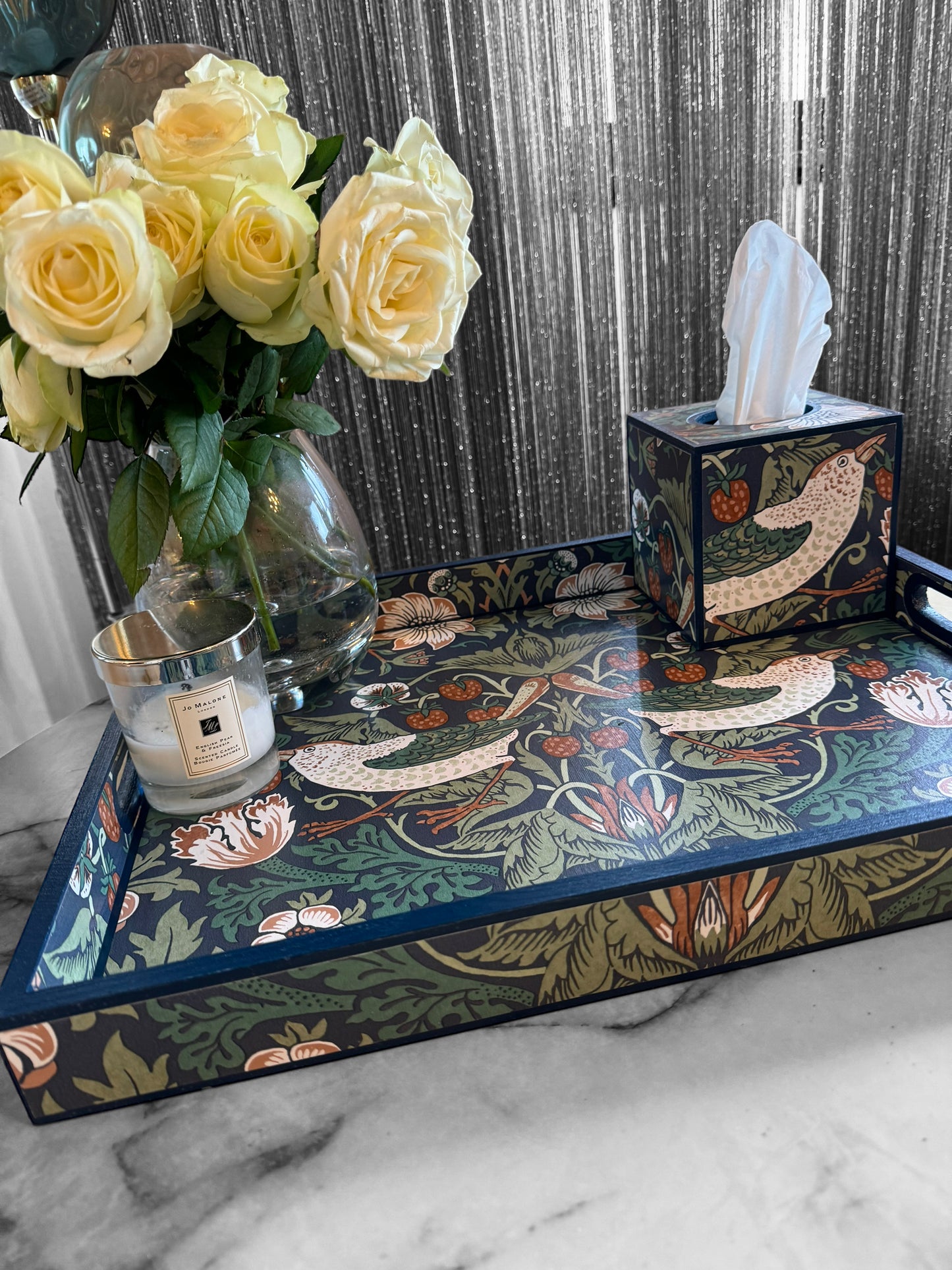 Weybridge - Ottoman tray available in 4 x sizes - Decoupage in William Morris Strawberry Thief in navy colourway