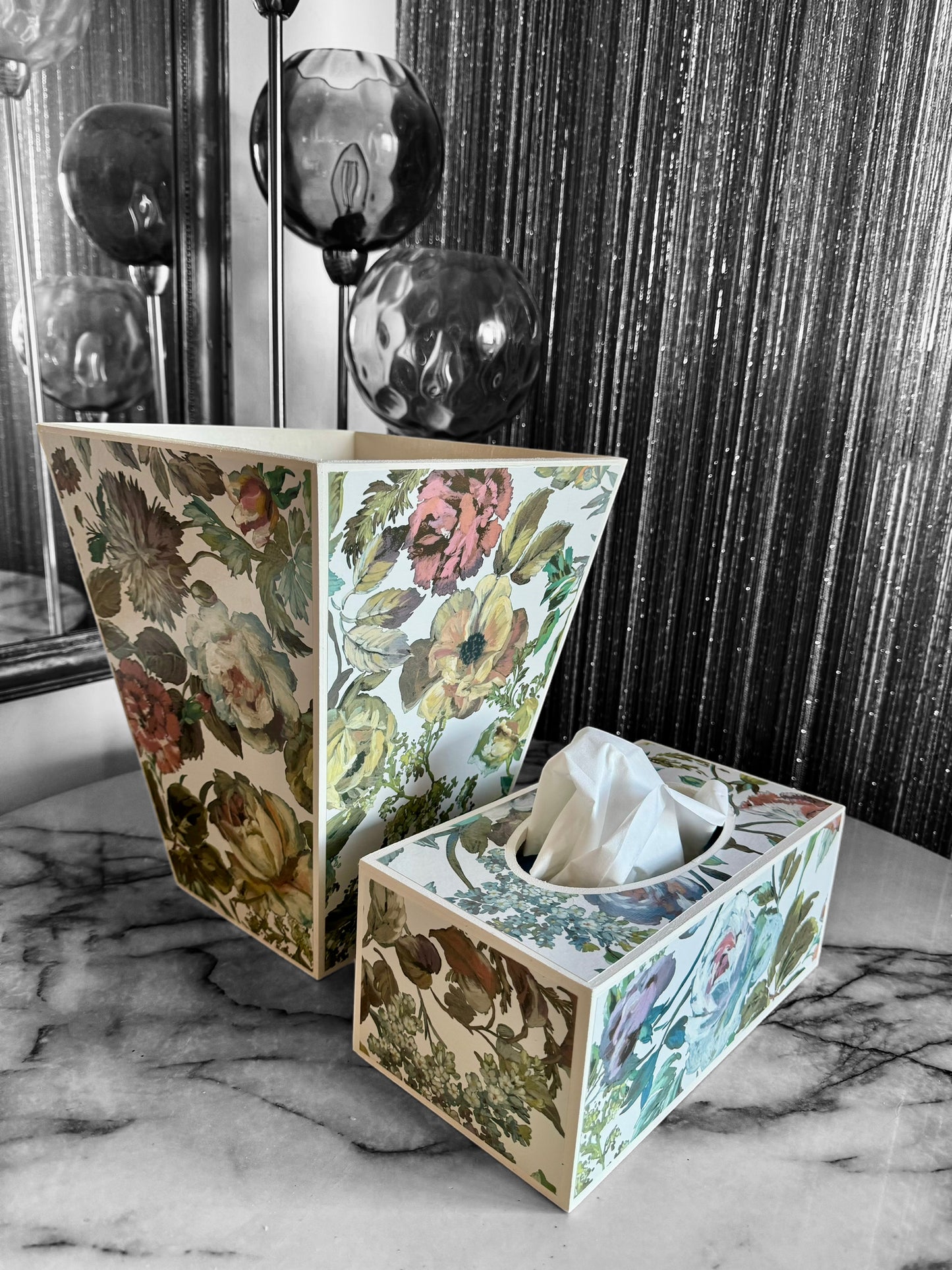Hove - Matching set - Waste paper bin and square or rectangle tissue box cover - Decoupage in Designers Guild Mansur zinc colour way