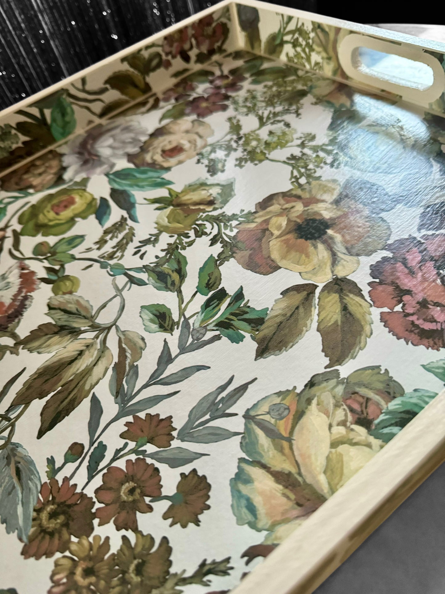 Designers Guild Mansur white floral tray,xl tray,ottoman tray,footstool tray,decoupage tray.Handmade in 5 X SIZES mothers day gift