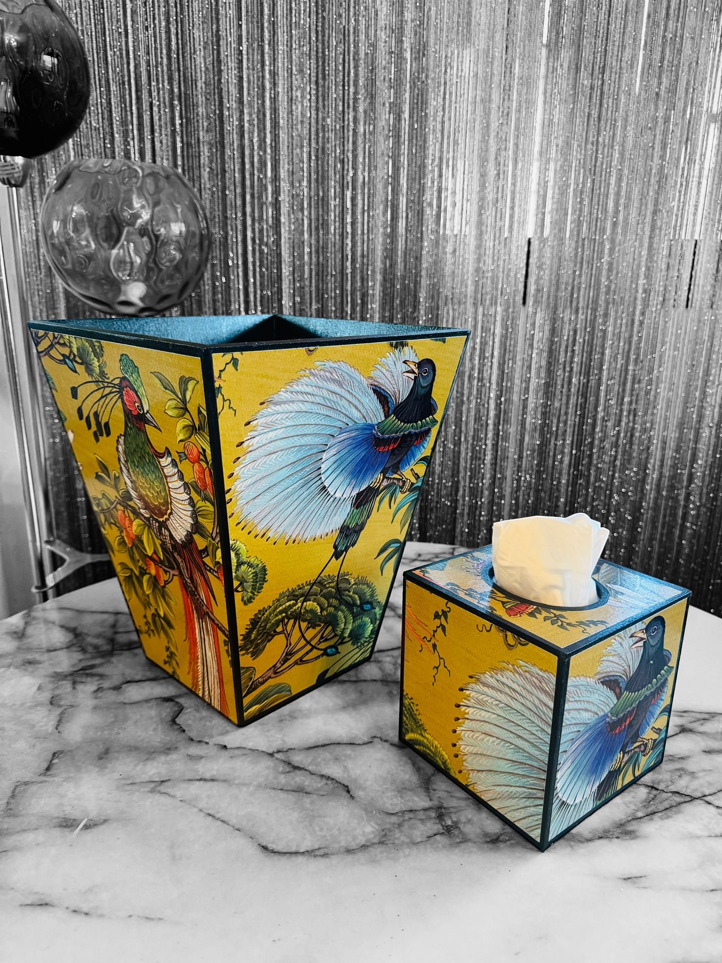 Greenwich - Matching set - Waste paper bin and square or rectangle tissue box cover - Decoupage in Songbird oriental in gold colourway
