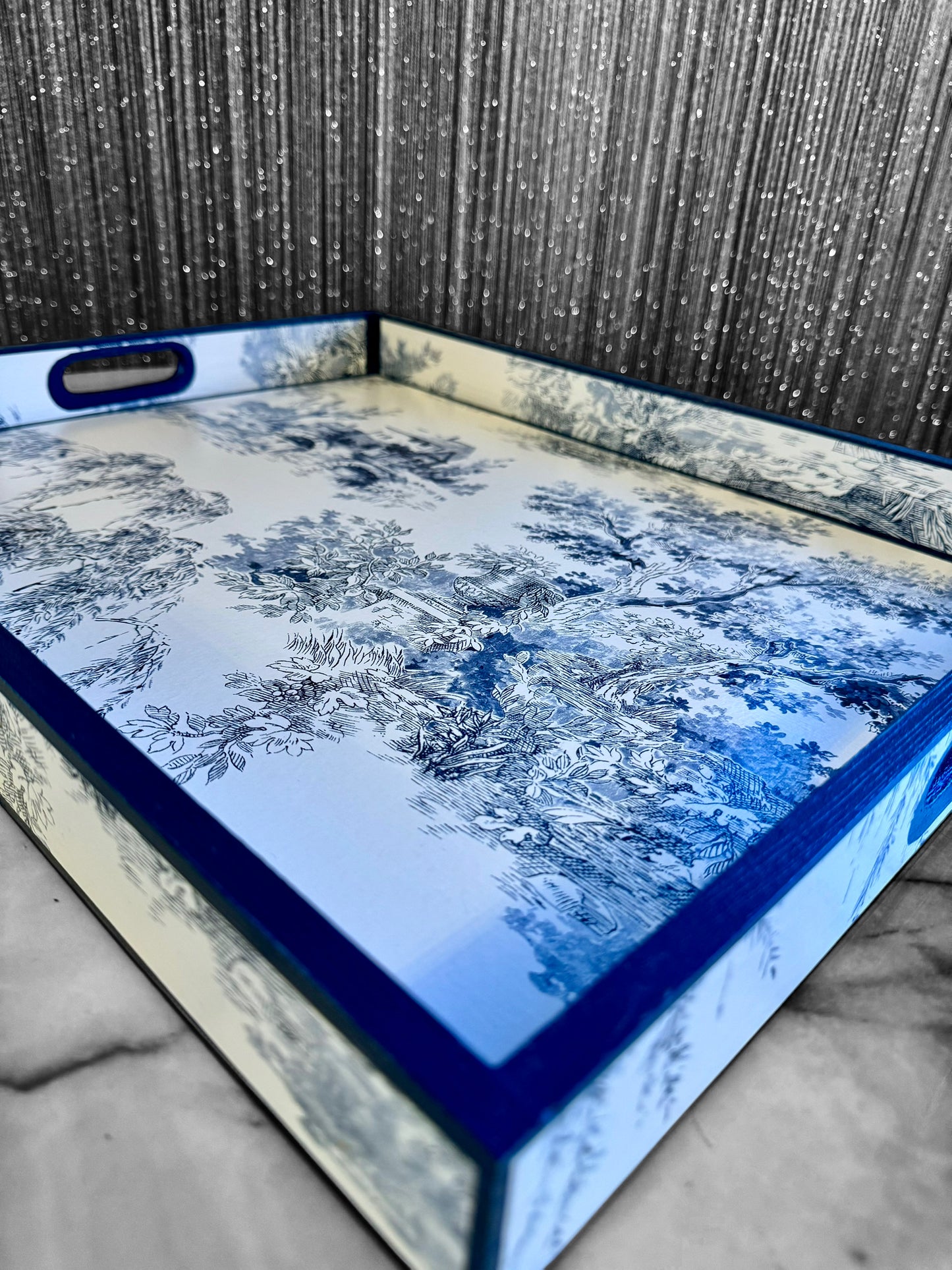 Paris - Ottoman tray available in 4 x sizes - Decoupage in Navy Toile de Jouy in navy colourway