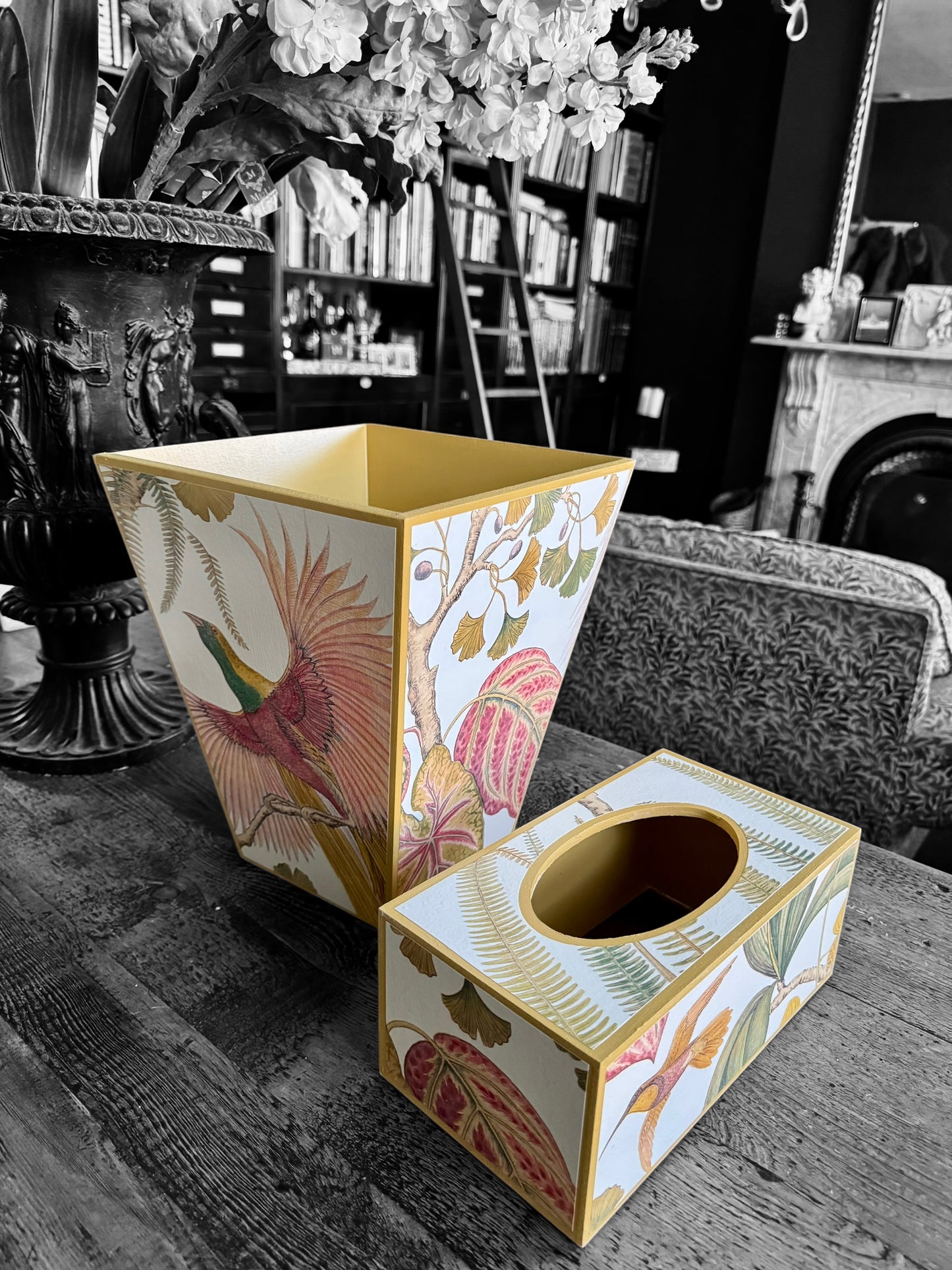 Kew *Spring 25 edition* Waste paper bin & matching tissue box cover - Decoupage in Bird of Paradise by Sanderson in Olive colourway