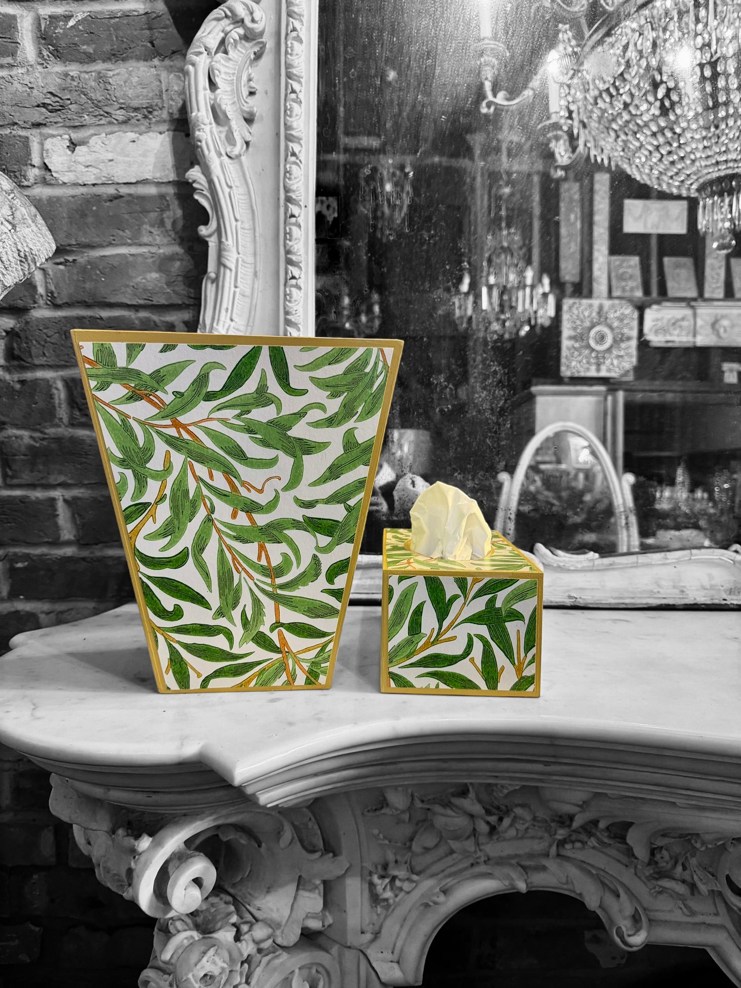 Broadstairs - Matching set - Waste paper bin and square or rectangle tissue box cover - Decoupage in William morris Willow Boughs by Morris & co in spring colourway