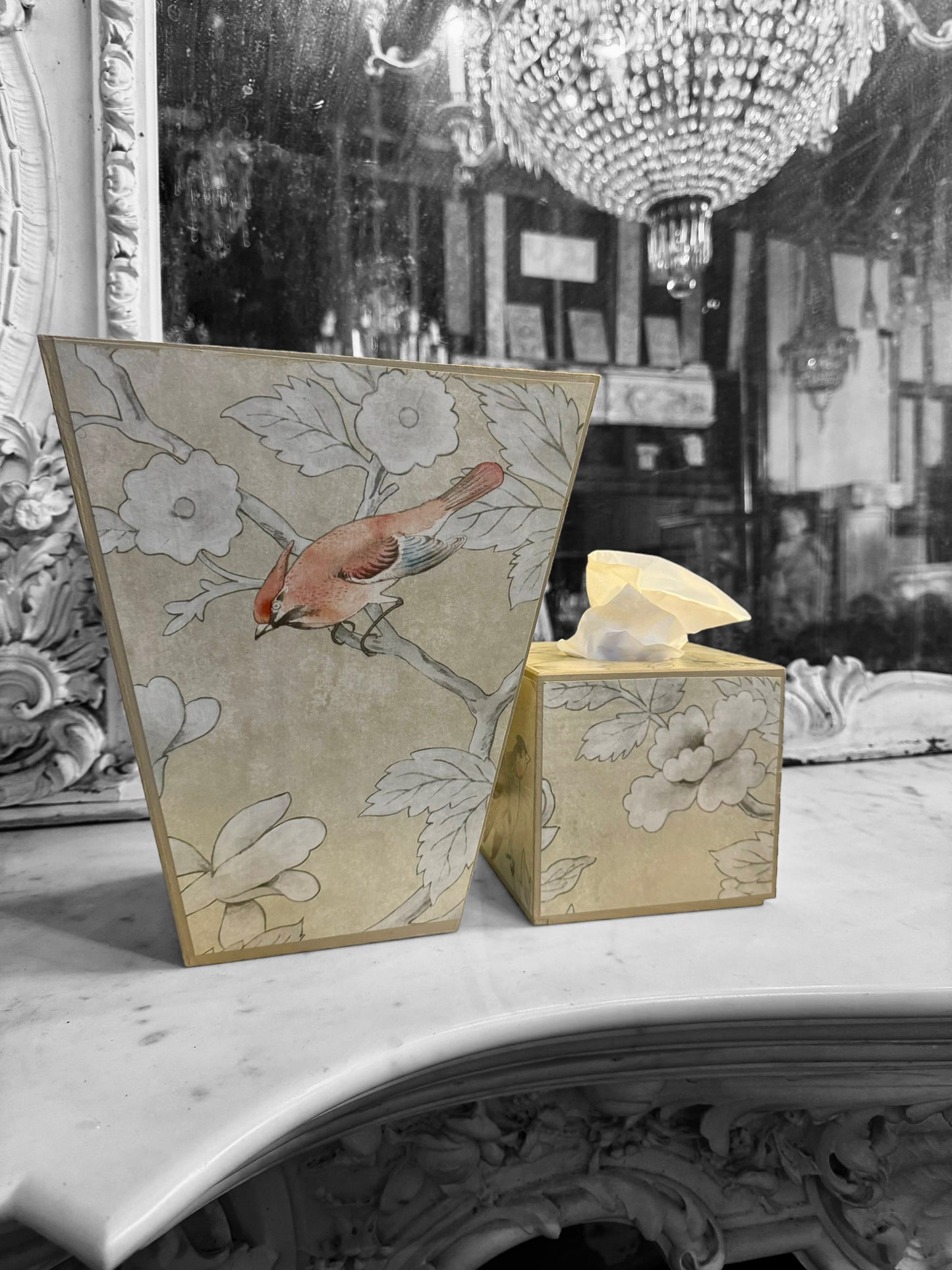 Chiswick - Matching set - Waste paper bin and square or rectangle tissue box cover - Decoupage in Chiswick Grove by sanderson in gold colourway