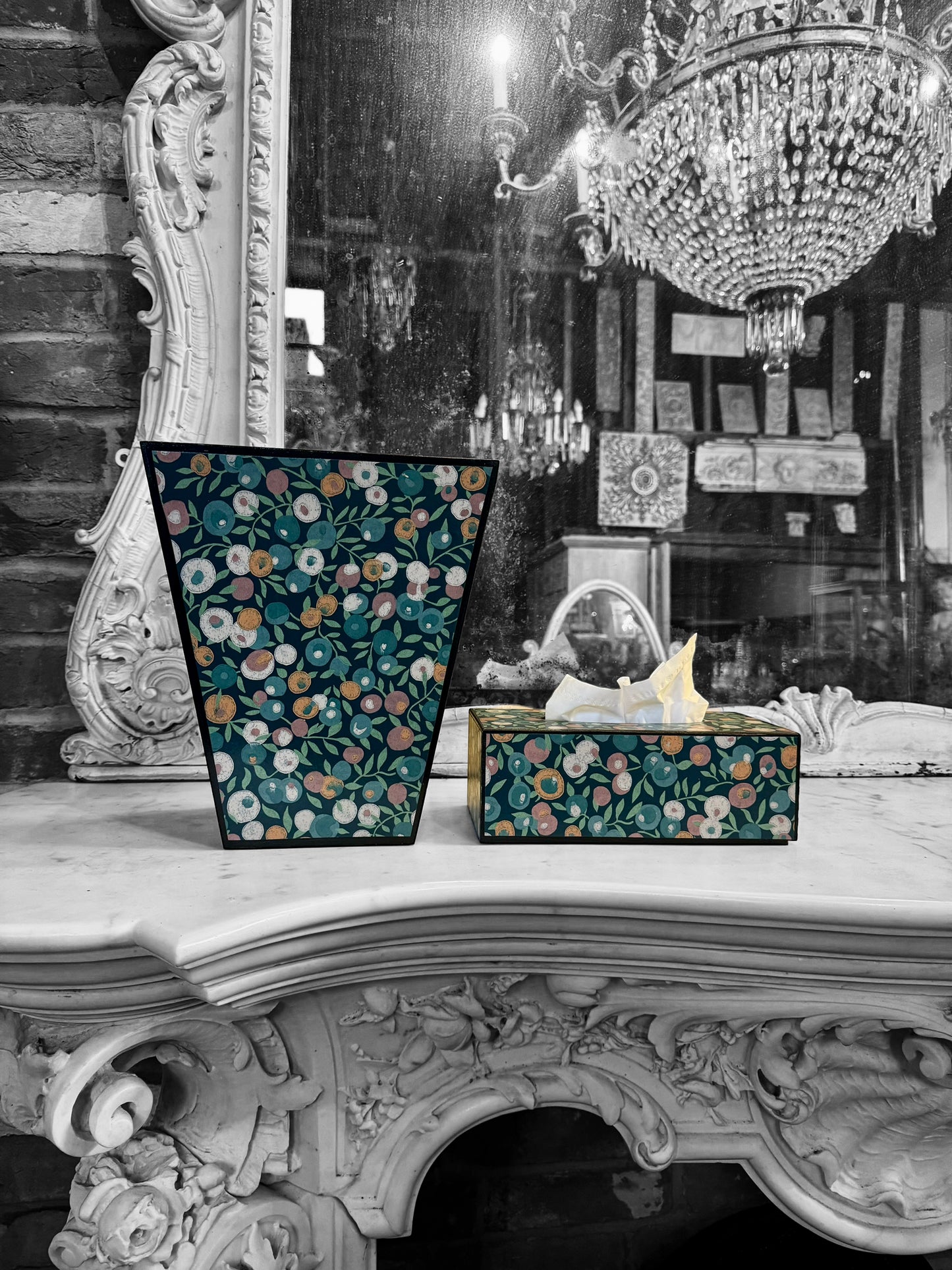 CARNABY - Waste paper bin - Decoupage in Liberty London/Wiltshire in Lechen colourway.