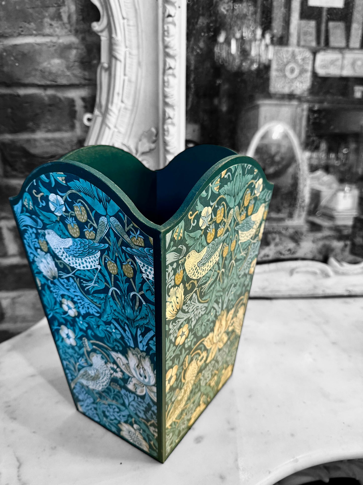 Kelmscott - Matching set - Waste paper bin and square or tissue box cover - Decoupage in William Morris Strawberry Thief by Clarke & Clarke in Teal colourway