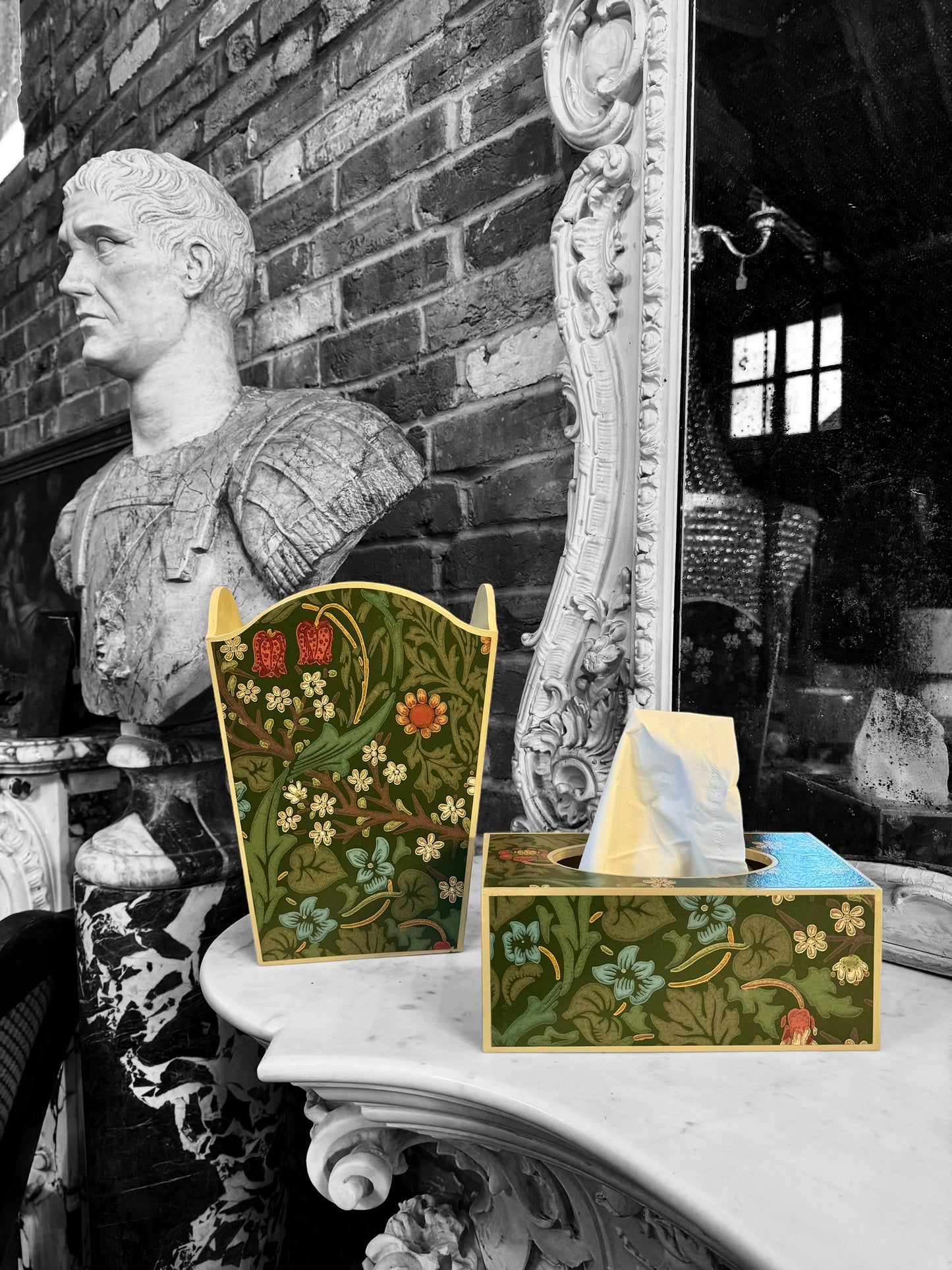 Marylebone - Matching set - Waste paper bin & square or rectangle tissue box cover - Decoupage in William Morris Blackthorn By Morris & Co in archive colourway