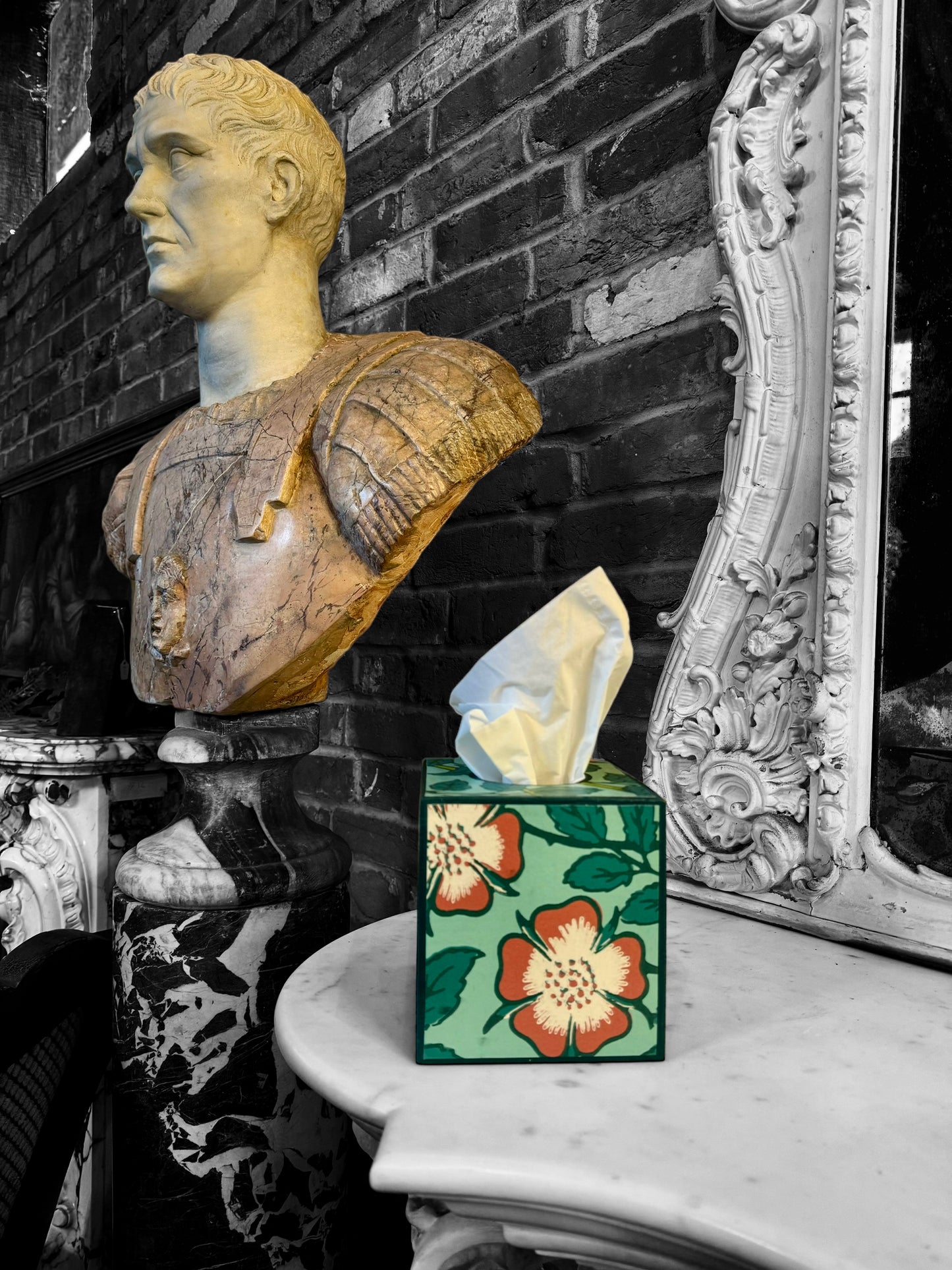 Featured in BRITISH VOGUE Norfolk waste paper bin & square tissue box cover aqua, teal,green,pink. Handmade by Beatrice Bloom London