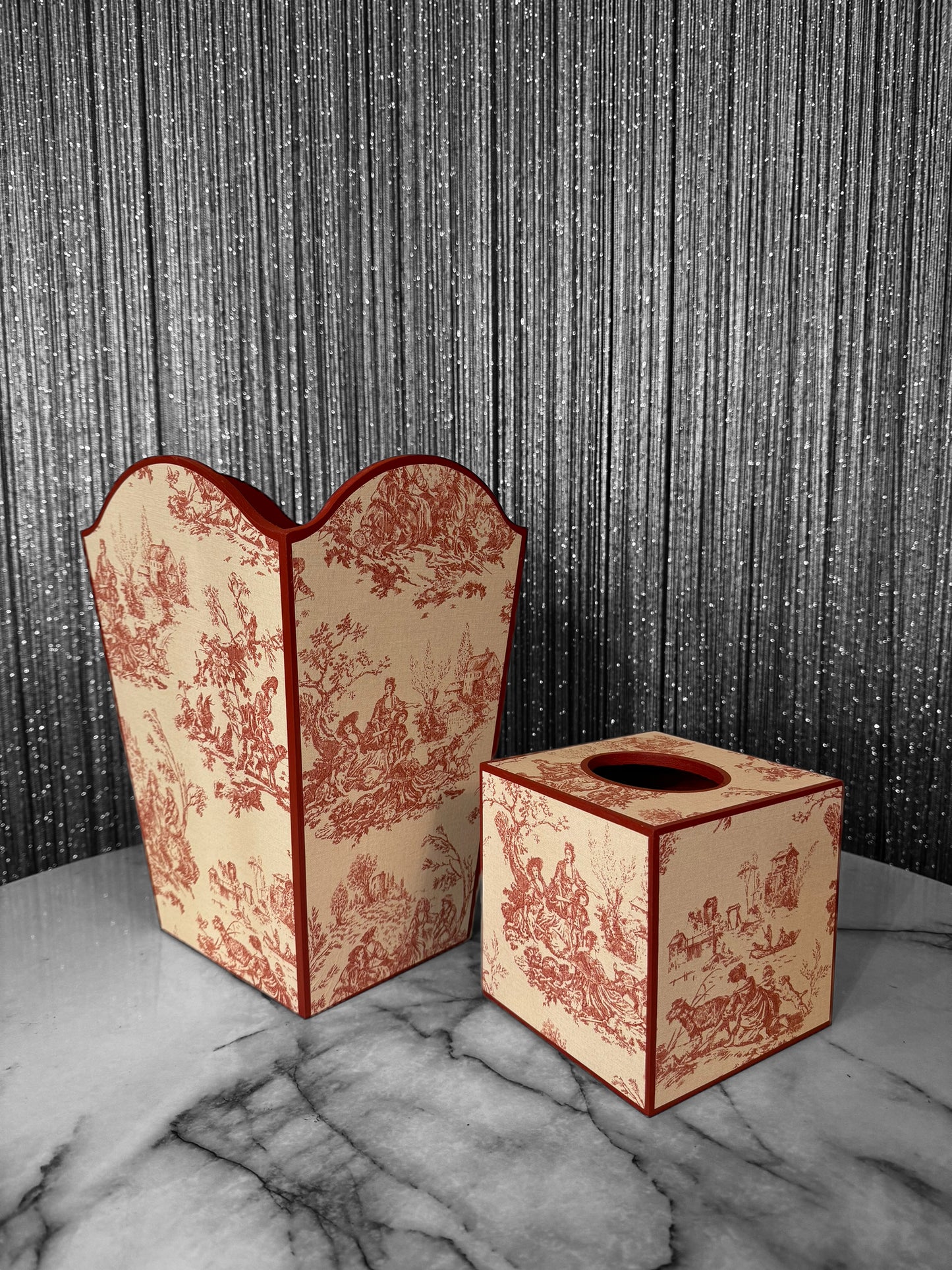 Red Toile de Jouy Waste paper bin, waste paper basket, square tissue box cover matching set. Handmade by Beatrice Bloom London