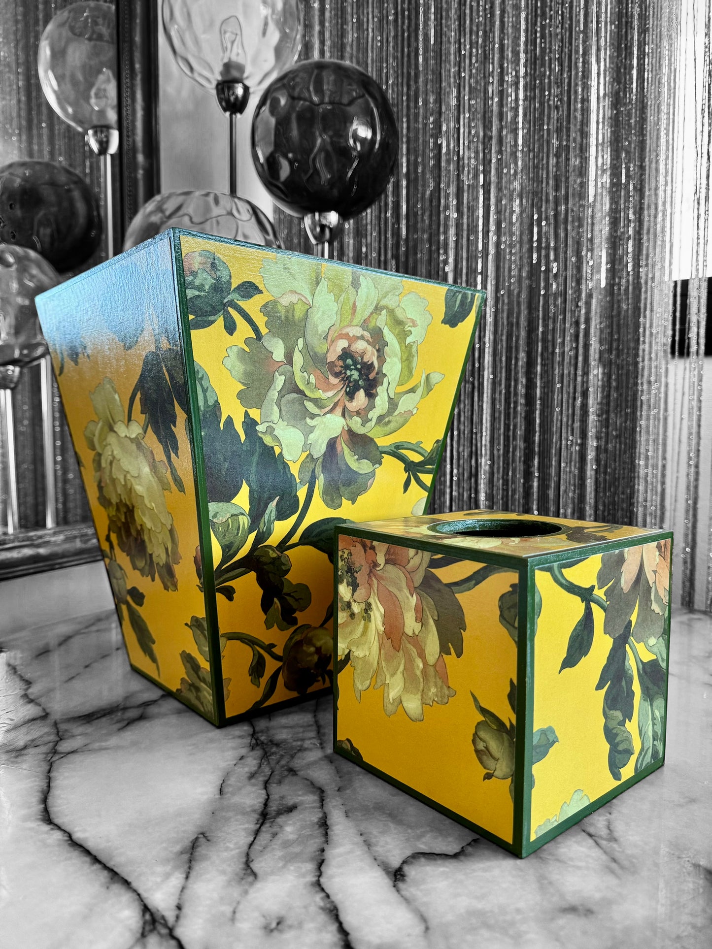 Notting Hill - Matching set - Waste paper bin & square or rectangle tissue box cover - Decoupage in Peoneden by House of Hackney in ochre colourway