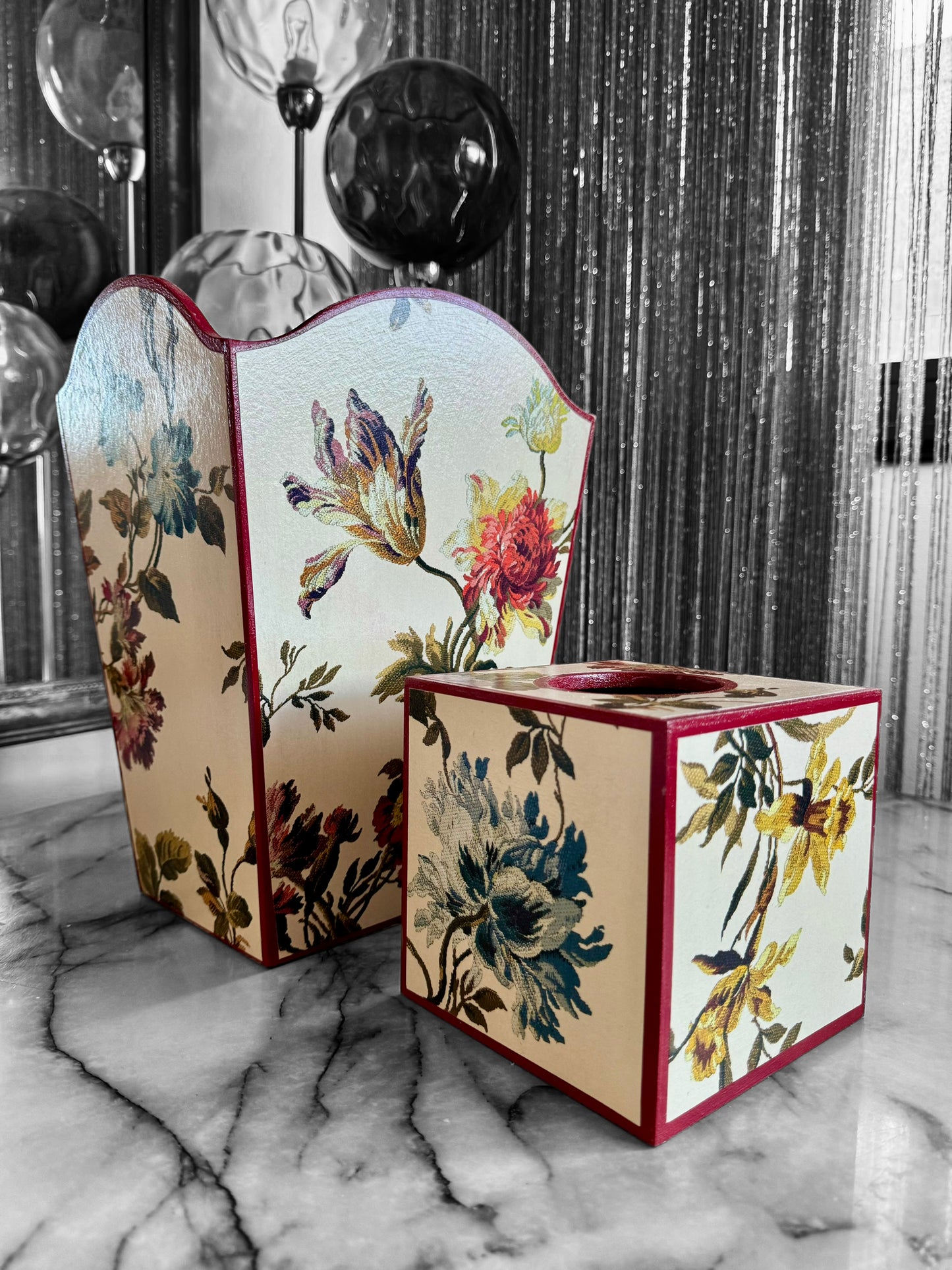 Eaton - Matching set - Waste paper bin and square or rectangle tissue box cover - Decoupage in Rosetta by House of Hackney Waste in ecru colourway