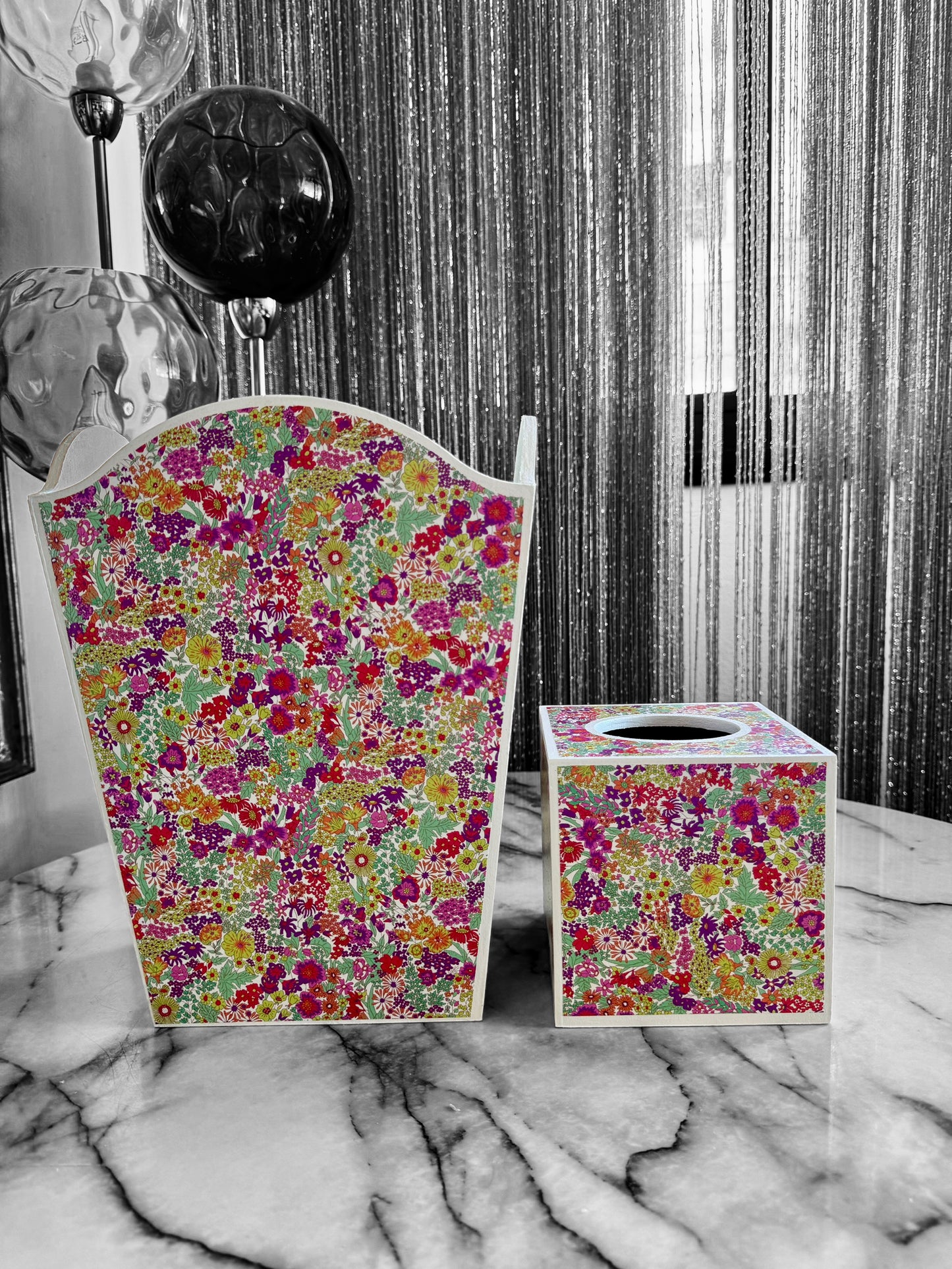 Regents St - Matching set - Waste paper bin & square or rectangle tissue box cover - Decoupage in Tana Lawn by Liberty London in pink colourway.