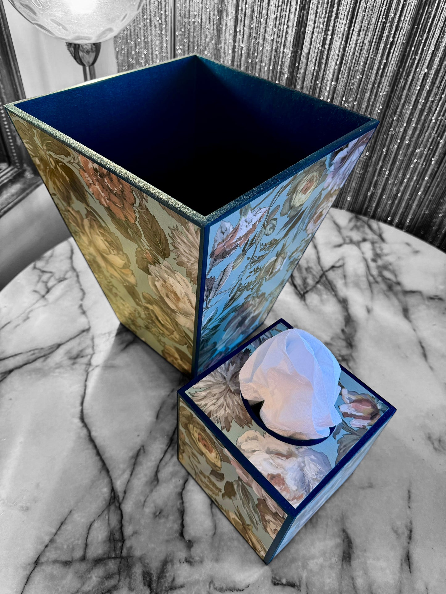 Brighton - Matching set - Waste paper bin & square or rectangle tissue box cover - Decoupage in Designers Guild/Mansur in Eau De Nil colourway
